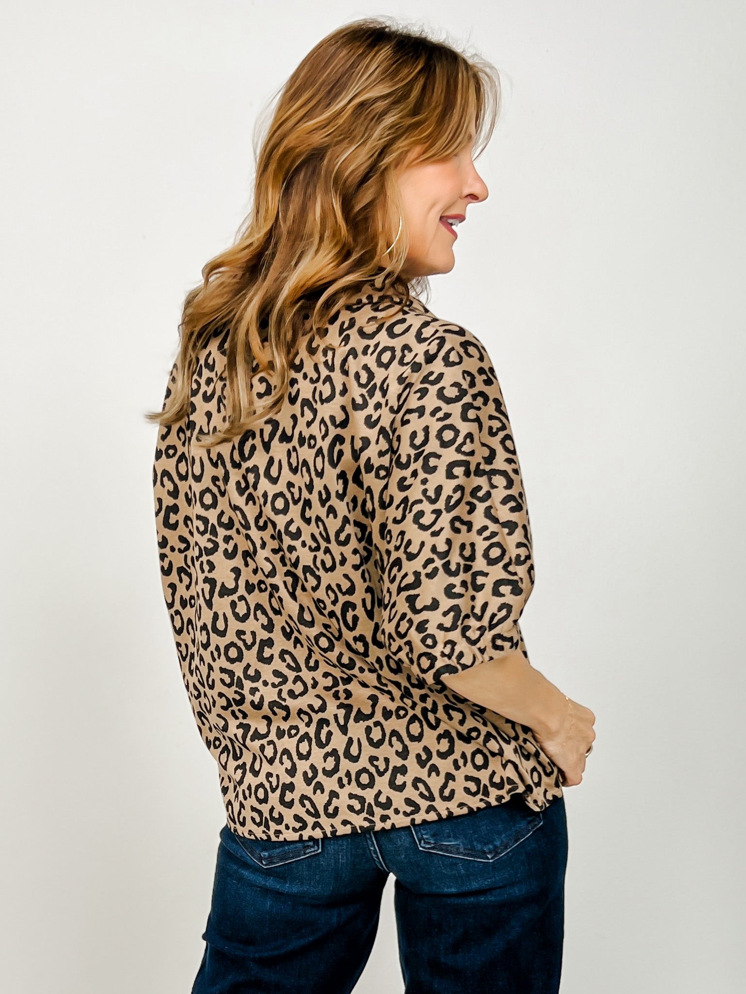 Drop Shoulder Loose Fit Leopard Top with Collar
