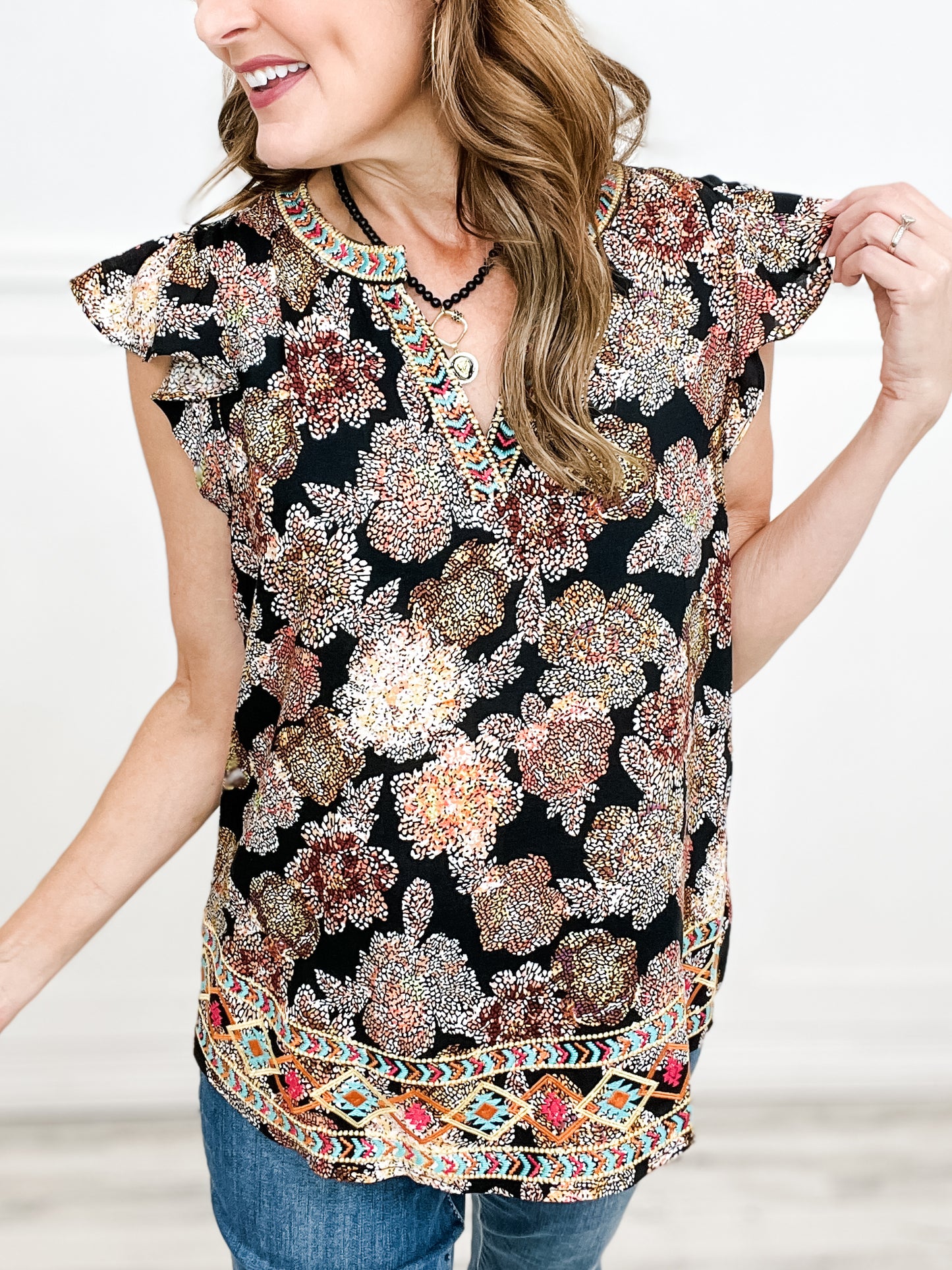 Aztec Embroidery Tunic Top with Split Neckline and Flutter Sleeves