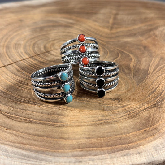 Triple Onyx Ball Rope Ring