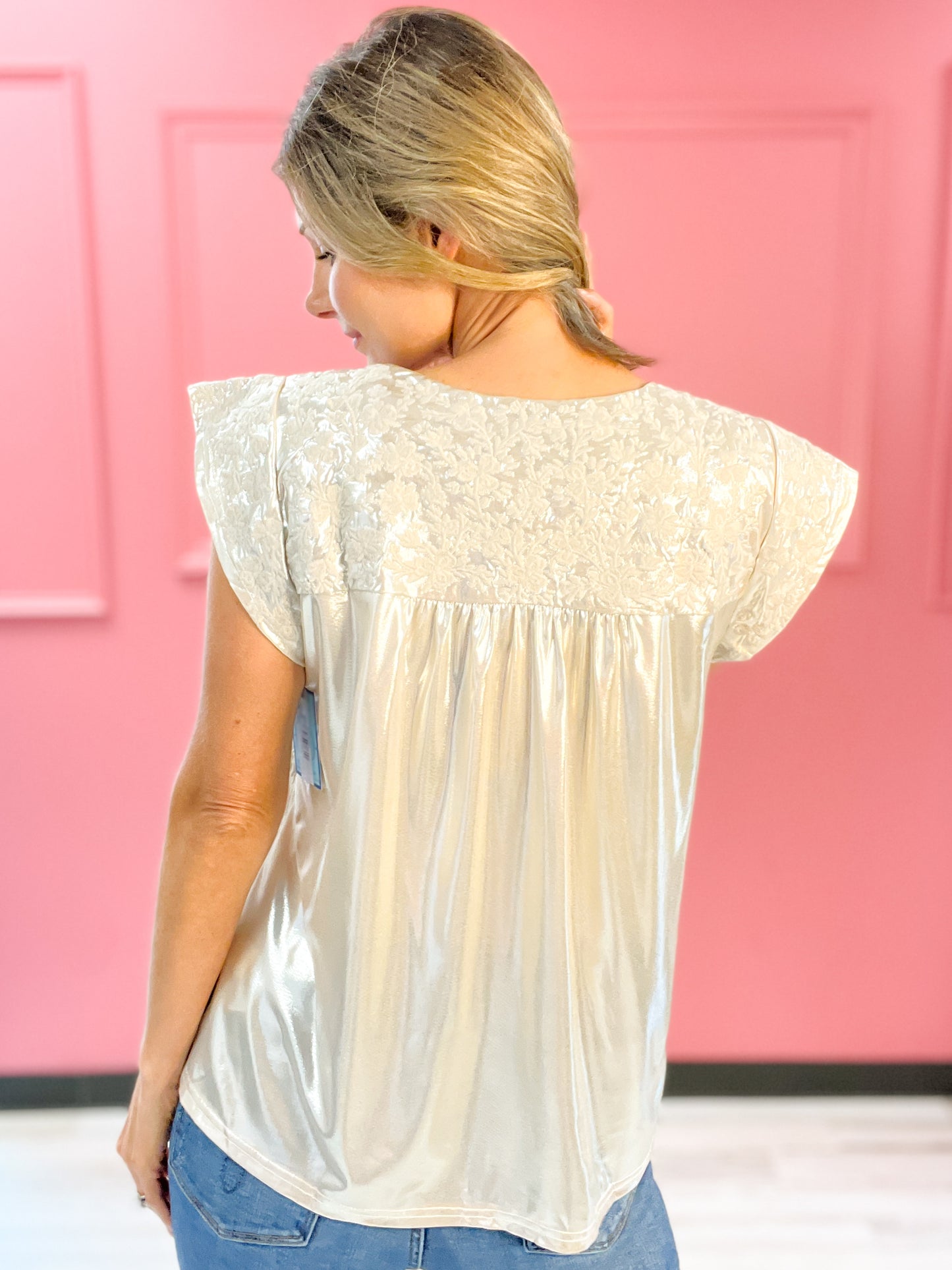 Shimmer Embroidered Short Sleeve Top