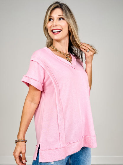 Short Sleeve Raw Edge Detail V Neck Relaxed Fit Top