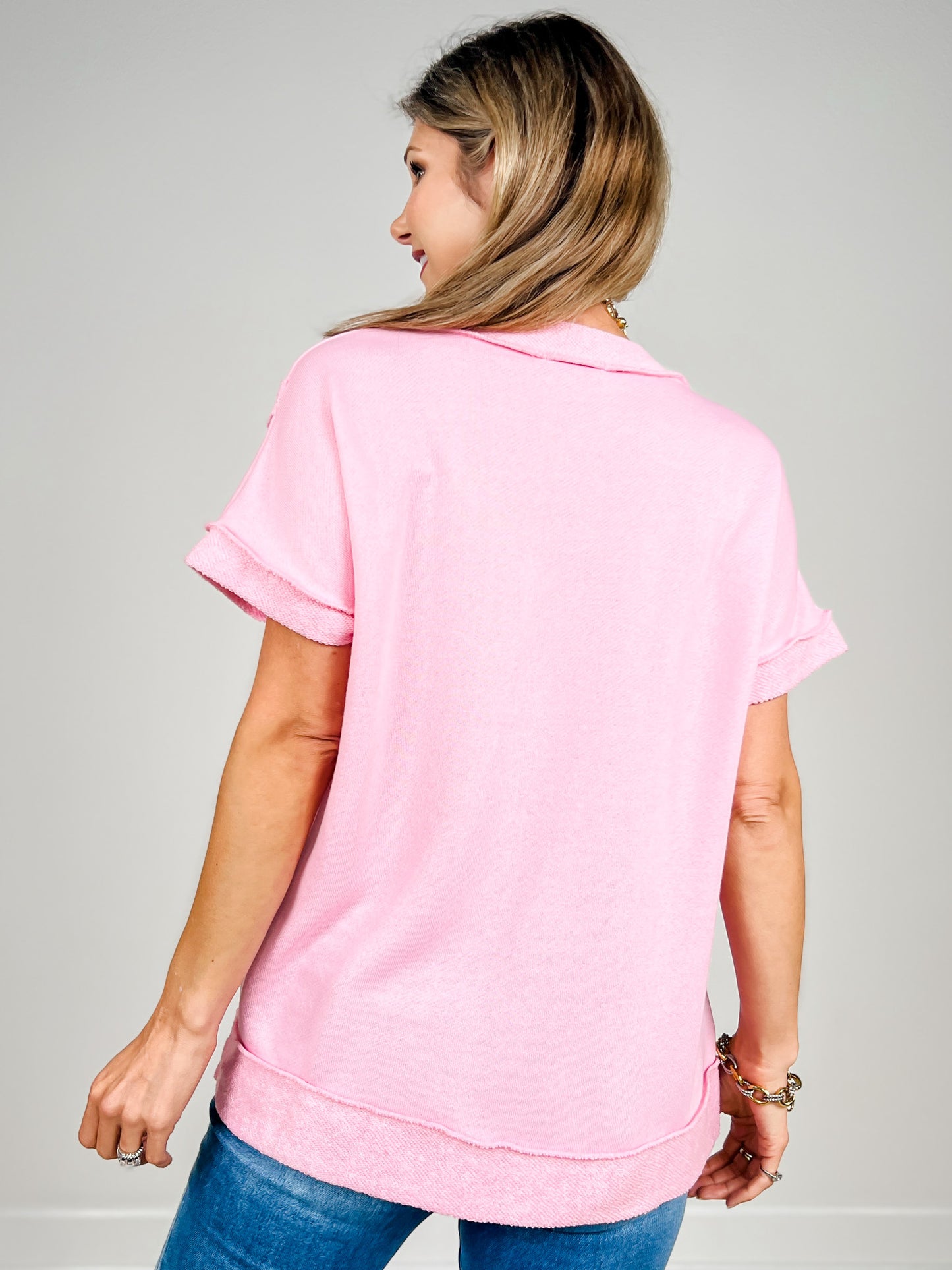 Short Sleeve Raw Edge Detail V Neck Relaxed Fit Top