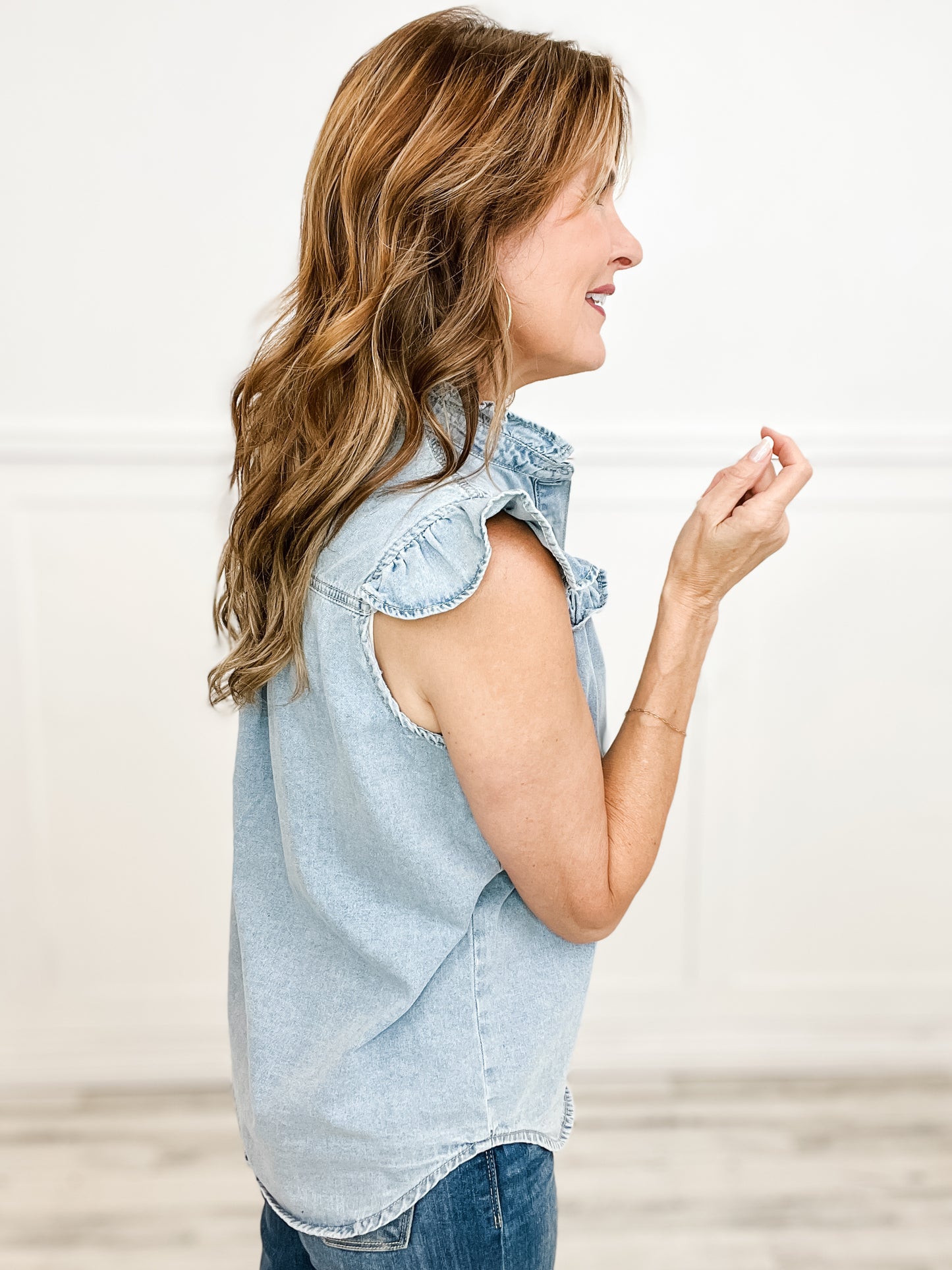 Denim Flutter Sleeve Button Down Top