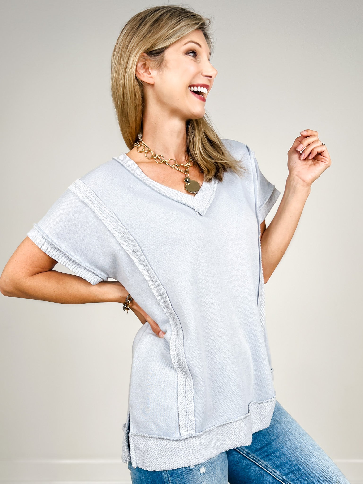 Short Sleeve Raw Edge Detail V Neck Relaxed Fit Top