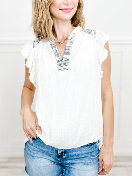 Fiesta Not Siesta Linen Blend Split Neck Top with Multi Color Trim & Flutter Sleeves