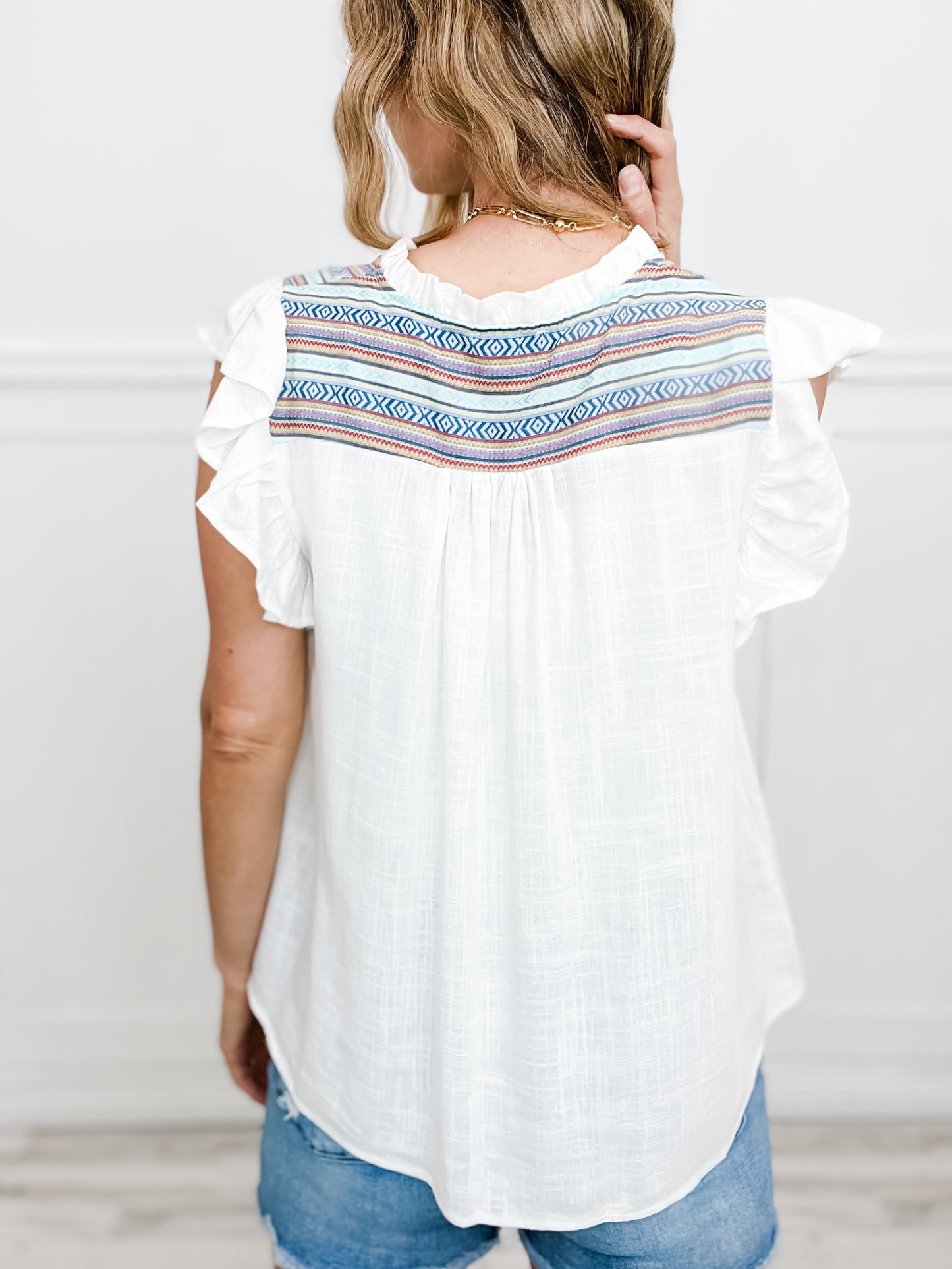 Fiesta Not Siesta Linen Blend Split Neck Top with Multi Color Trim & Flutter Sleeves