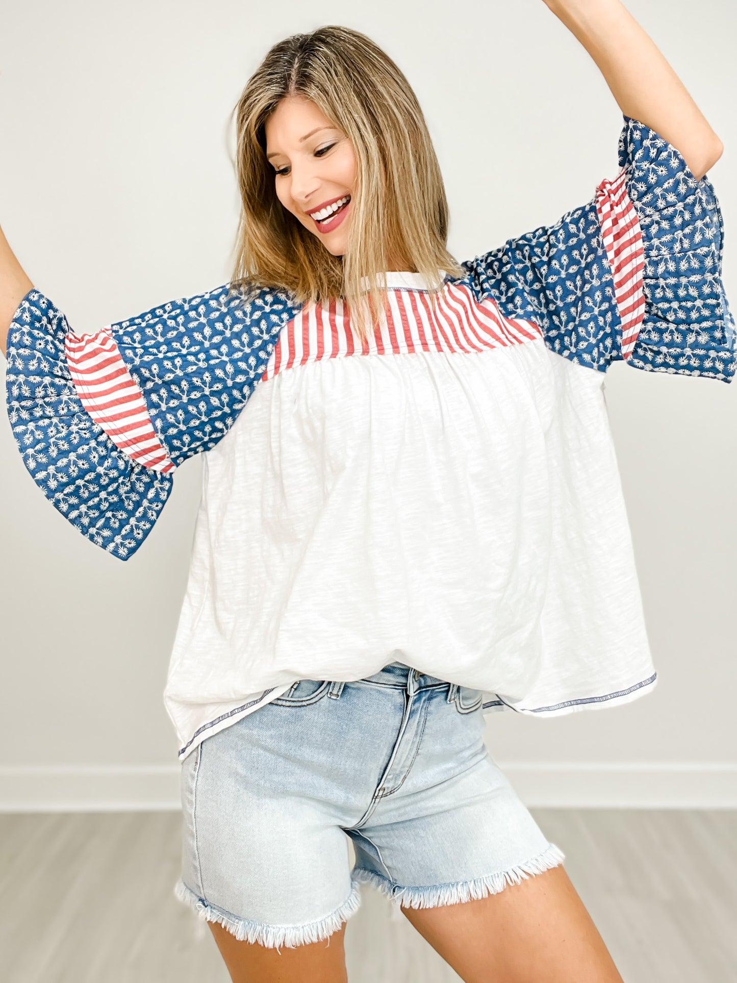Ruffled Sleeve Round Neck Color Block Top
