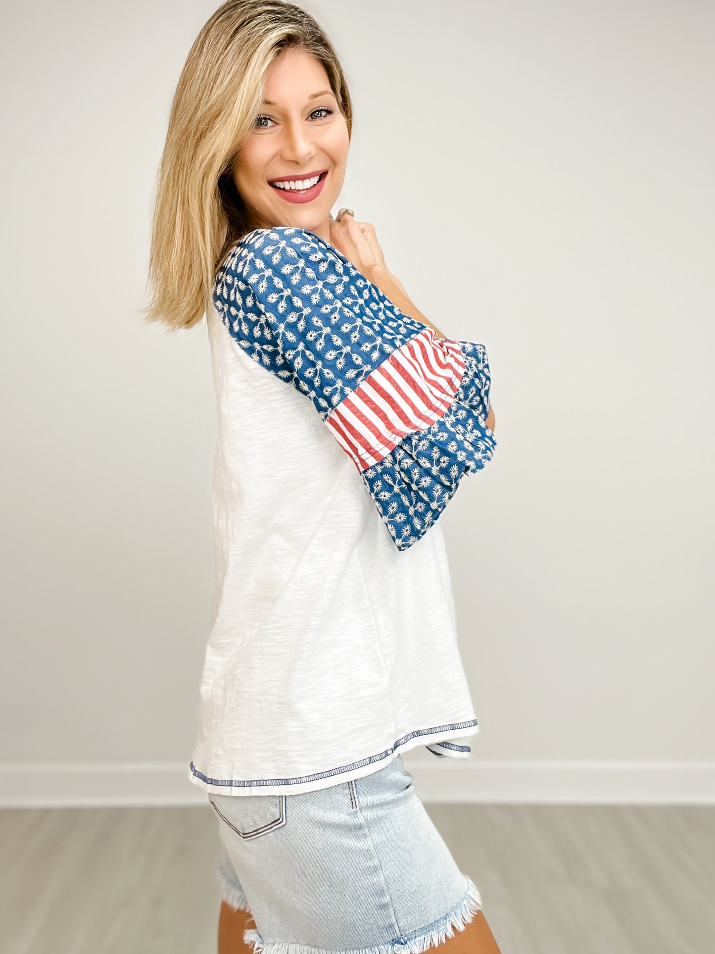 Ruffled Sleeve Round Neck Color Block Top