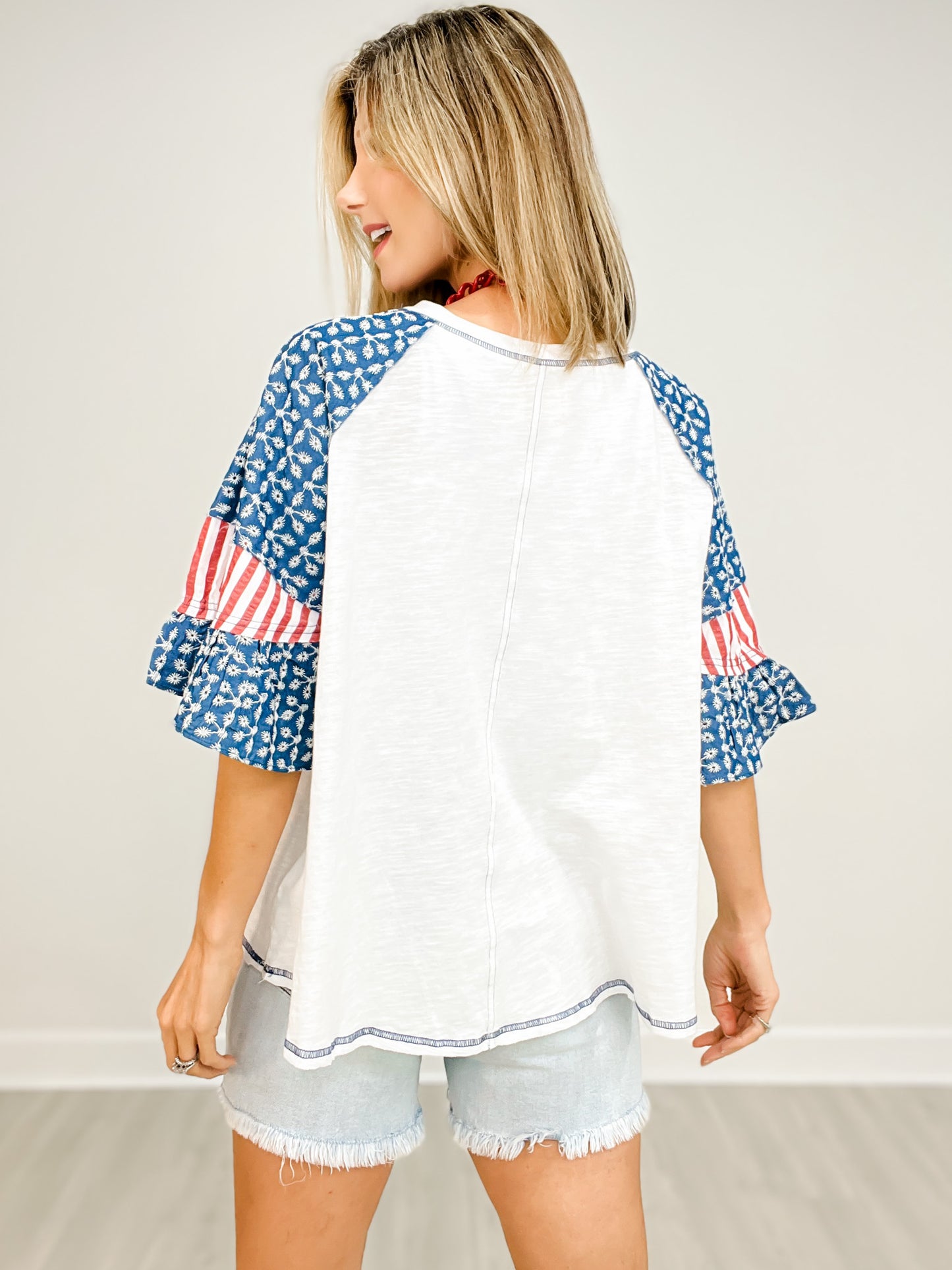 Ruffled Sleeve Round Neck Color Block Top