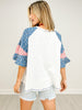 Ruffled Sleeve Round Neck Color Block Top