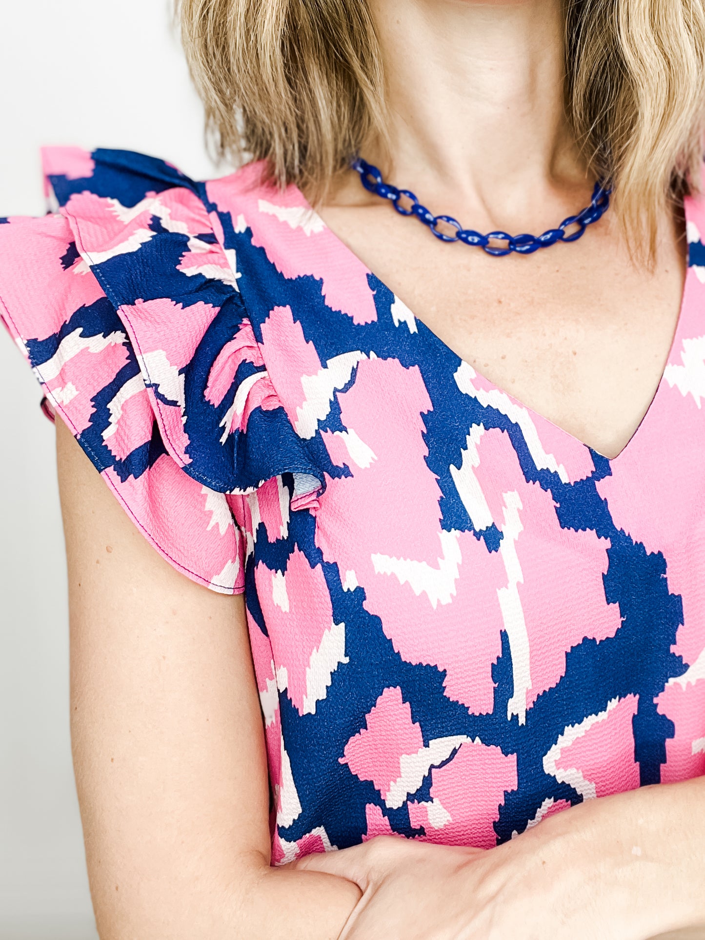 Abstract Print V-Neck Top with Double Layer Ruffle Sleeves