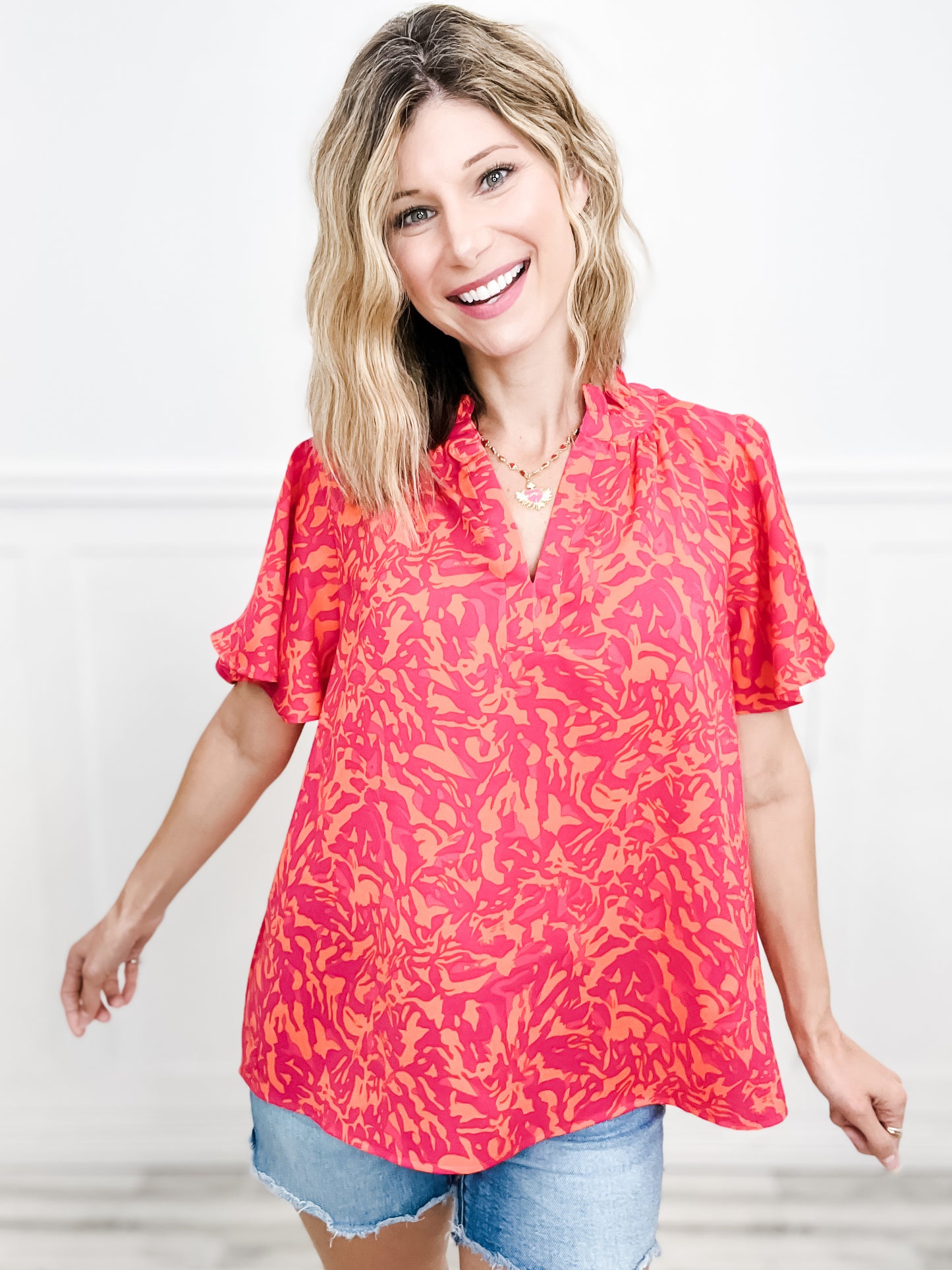 Two Tone Abstract Print Top with Raglan Ruffle Sleeve, Split Ruffle Neck