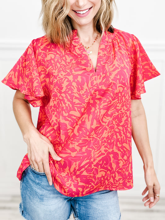 Two Tone Abstract Print Top with Raglan Ruffle Sleeve, Split Ruffle Neck