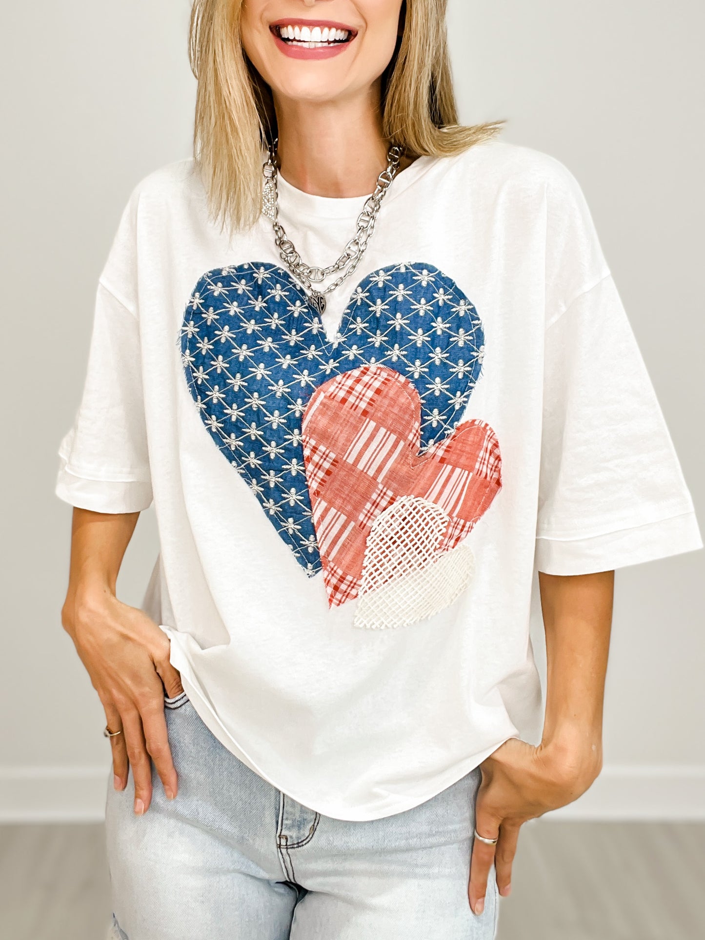 Heart Patch Detailed Round Neck Short Sleeve Cotton Top