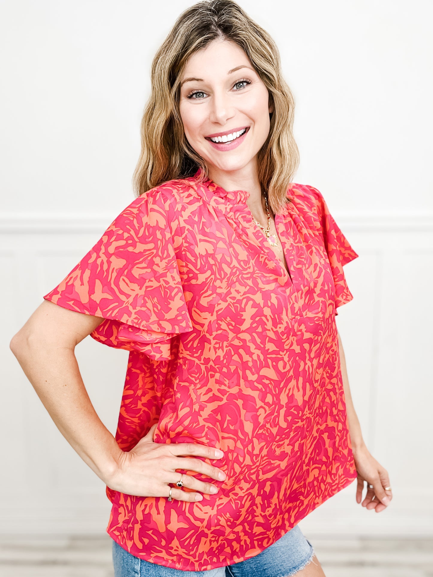 Two Tone Abstract Print Top with Raglan Ruffle Sleeve, Split Ruffle Neck