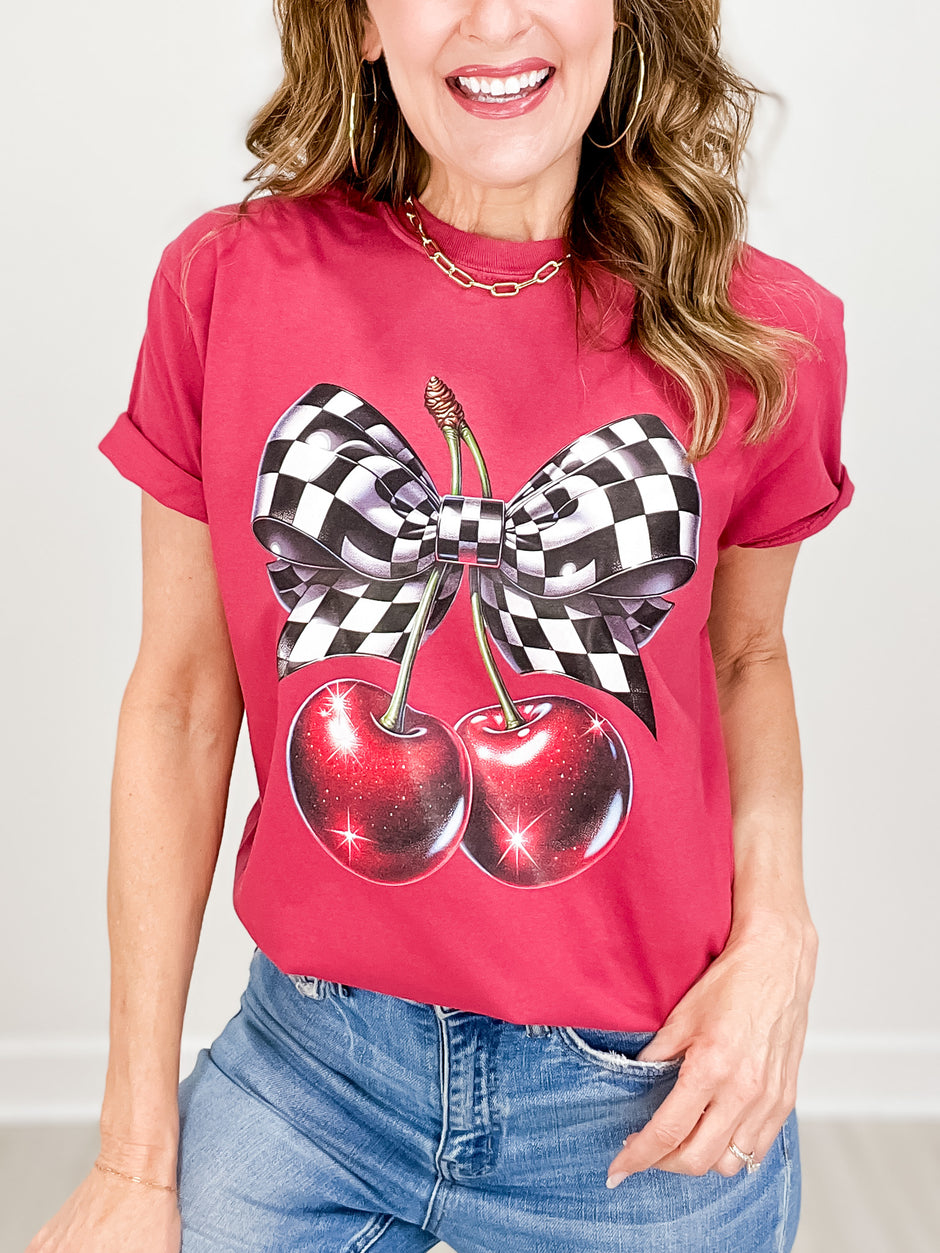 Checkered Bow and Cherries Graphic Tee