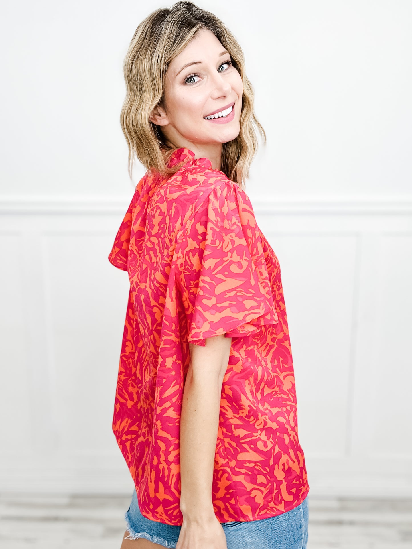 Two Tone Abstract Print Top with Raglan Ruffle Sleeve, Split Ruffle Neck