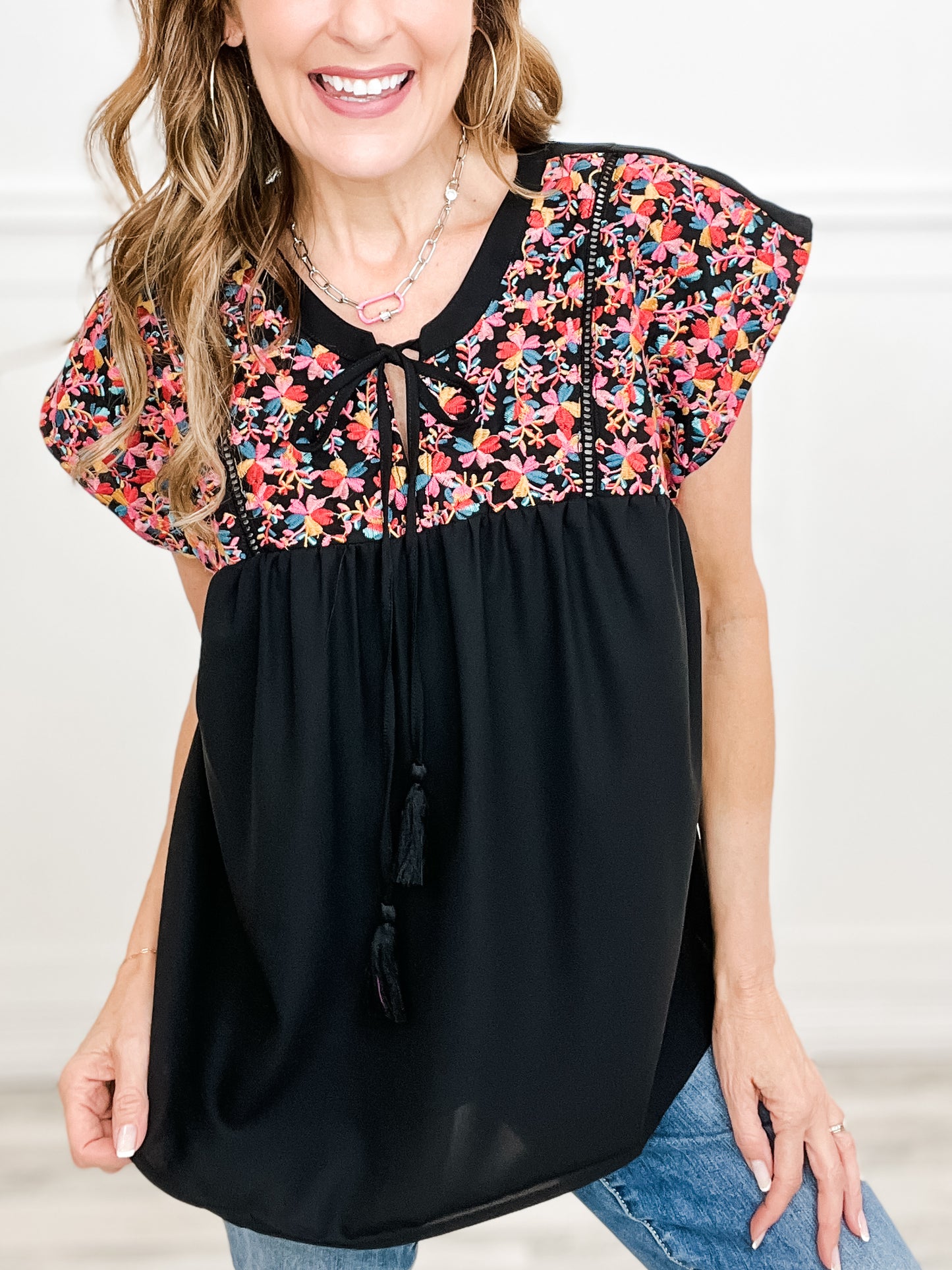 Babydoll Dolman Top with Embroidery Embellishments with Tassel Detail