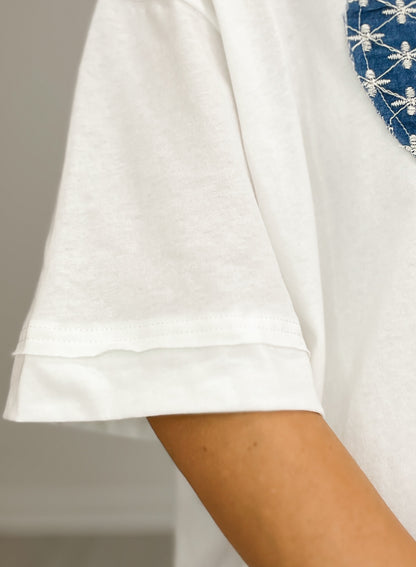 Heart Patch Detailed Round Neck Short Sleeve Cotton Top