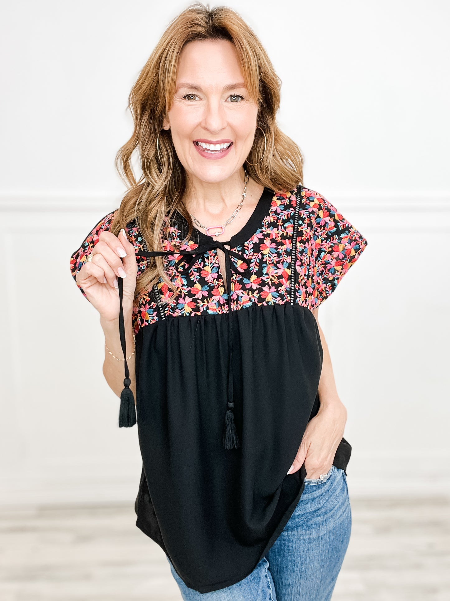 Babydoll Dolman Top with Embroidery Embellishments with Tassel Detail