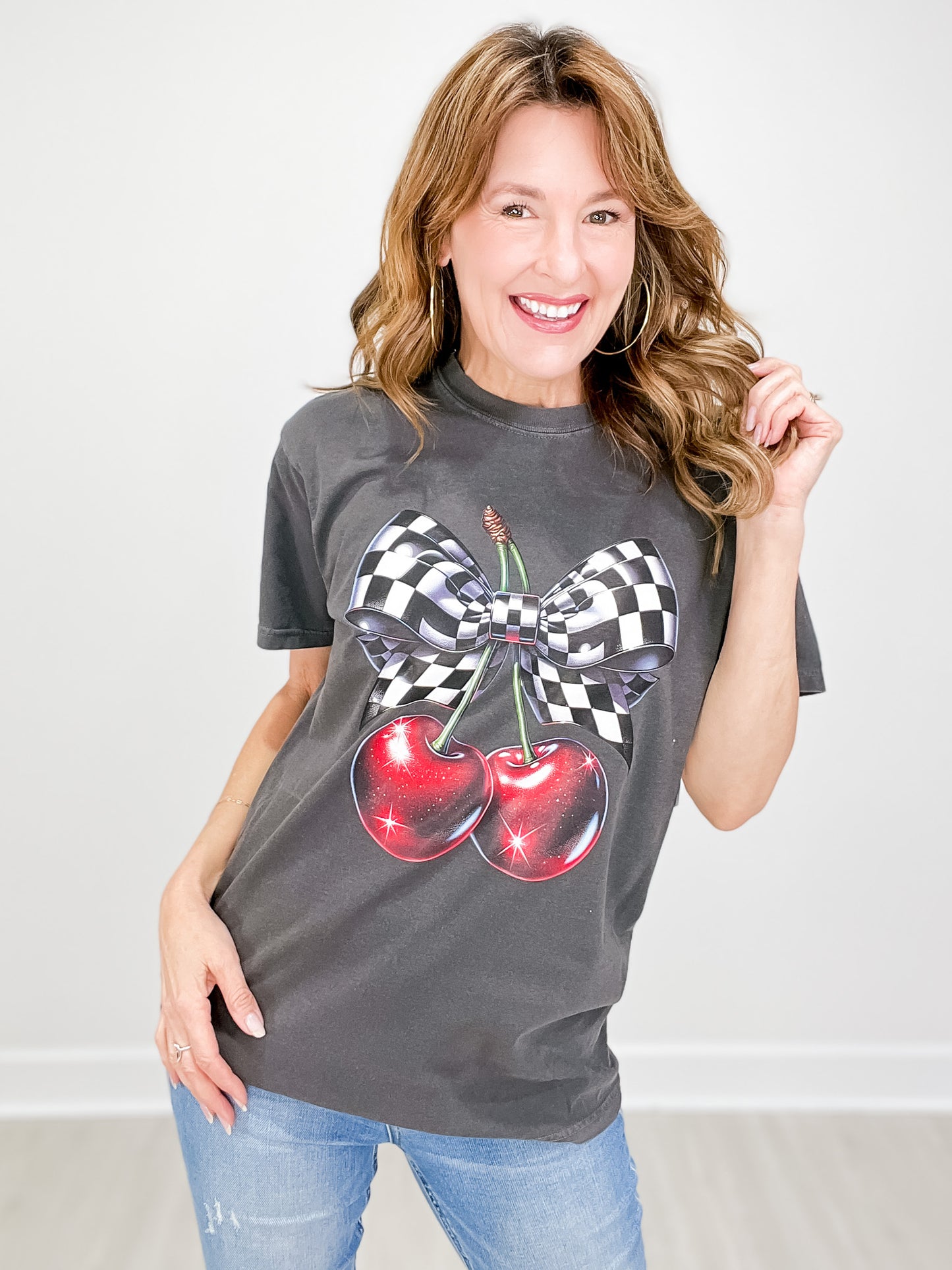 Checkered Bow and Cherries Graphic Tee
