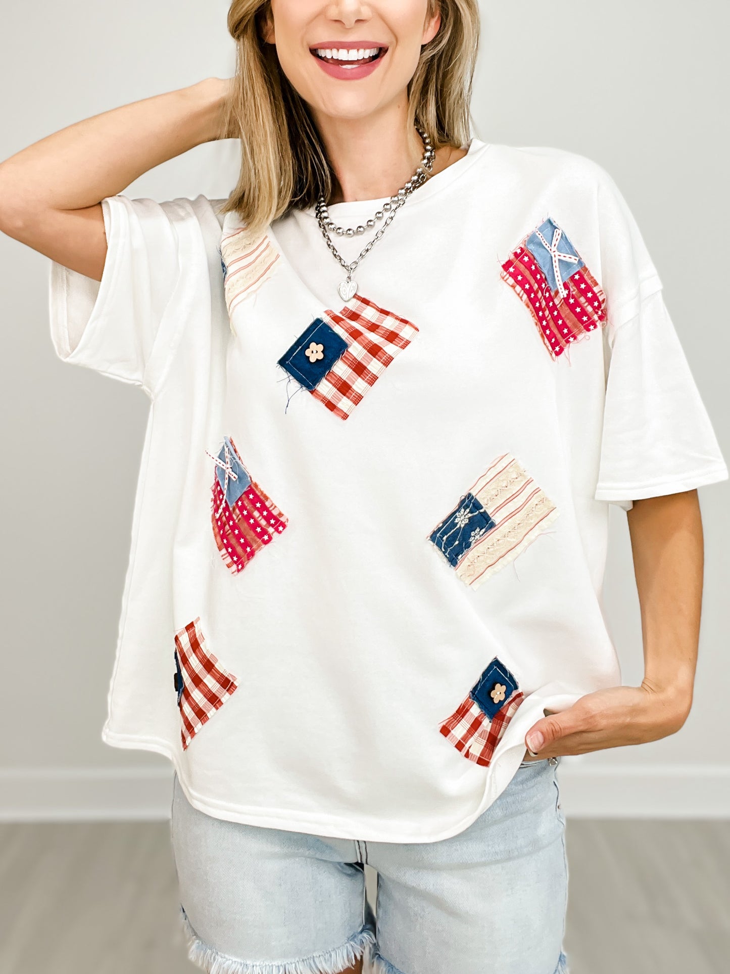 Short Sleeve Round Neck USA Flag Patches Top