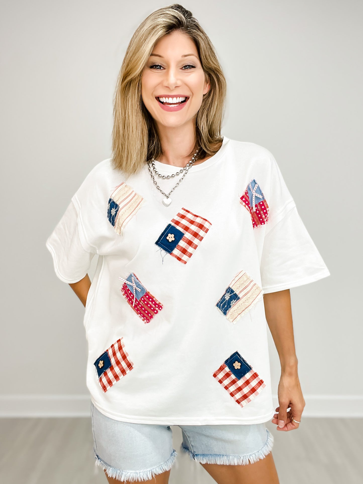 Short Sleeve Round Neck USA Flag Patches Top