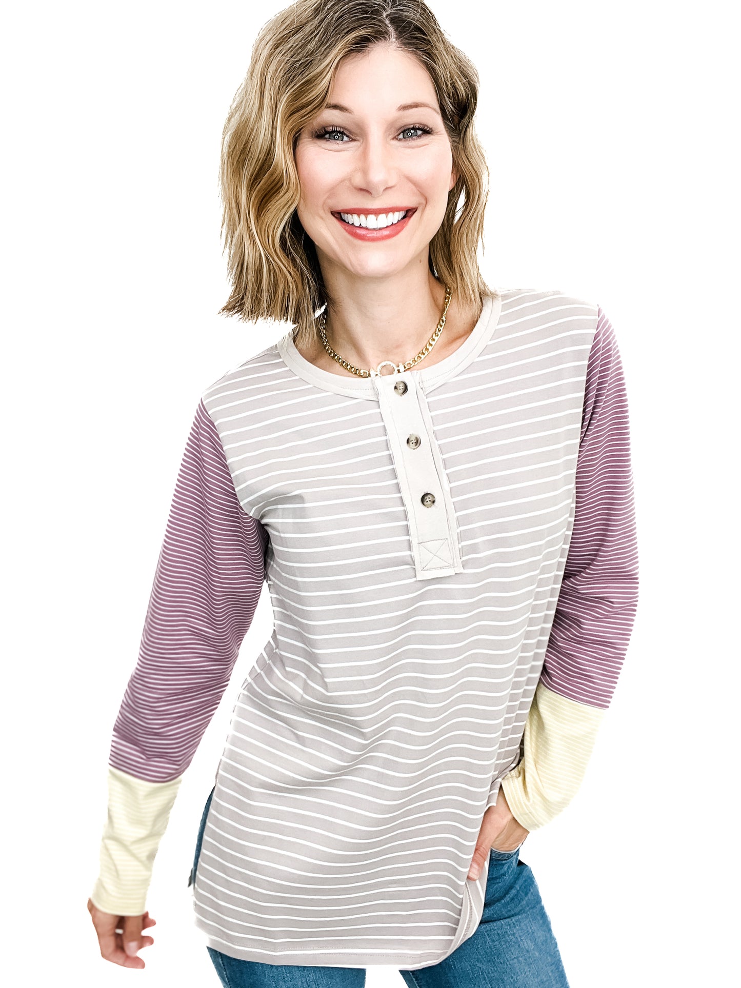 Long Sleeve Henley Striped Knit Top