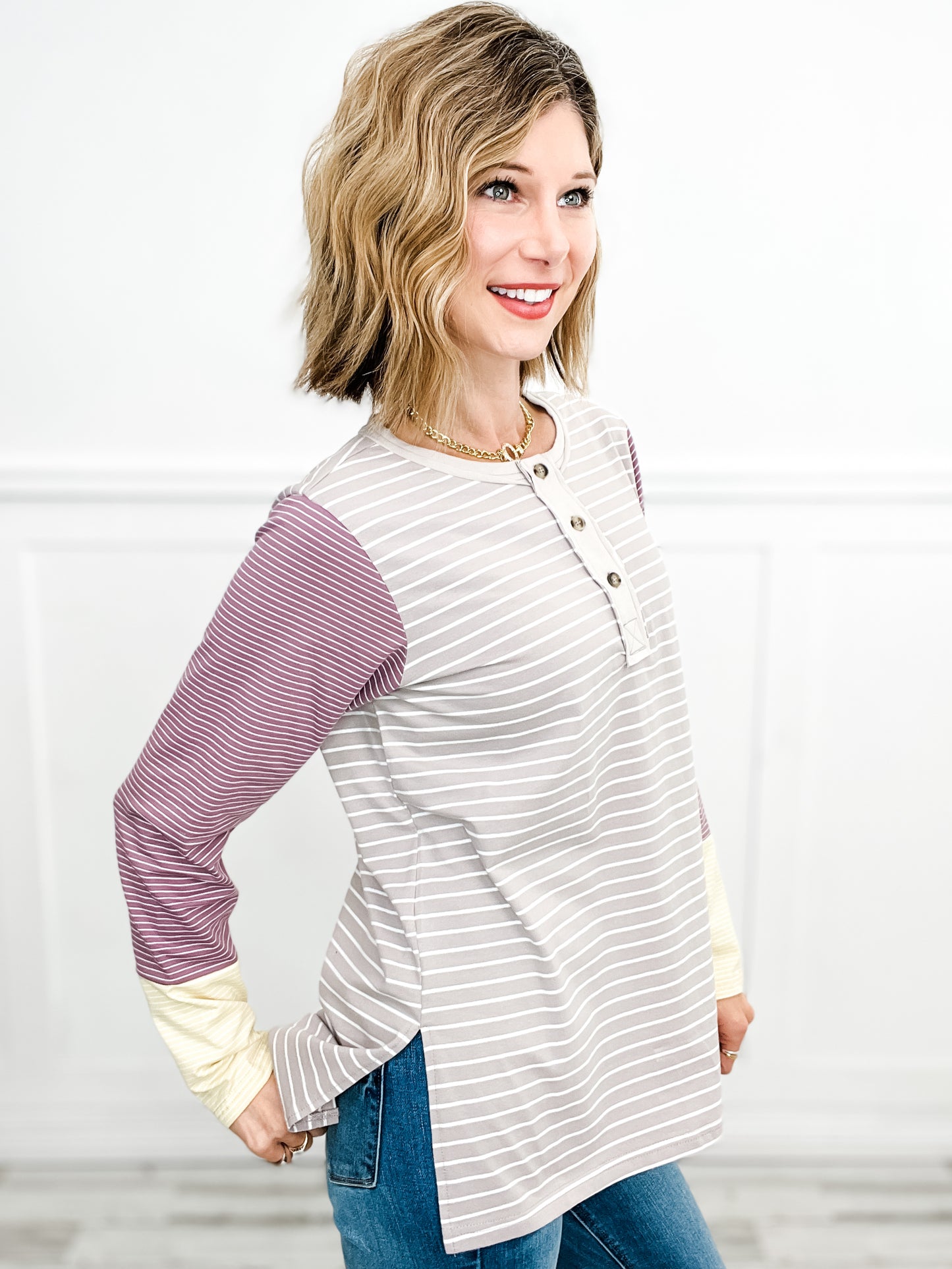 Long Sleeve Henley Striped Knit Top