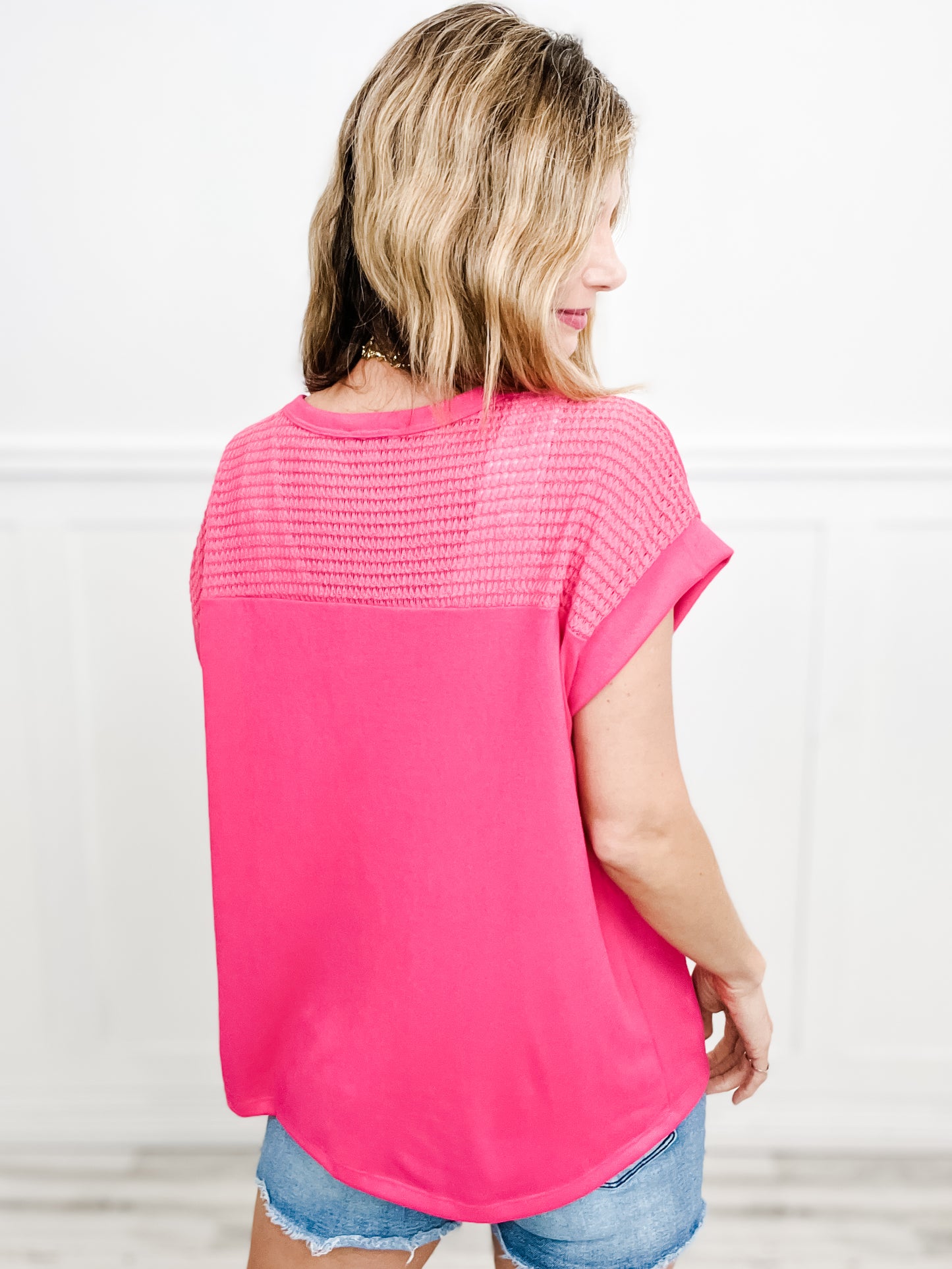 Better Than All The Rest Contrast Open Knit Shoulder Short Sleeve Top