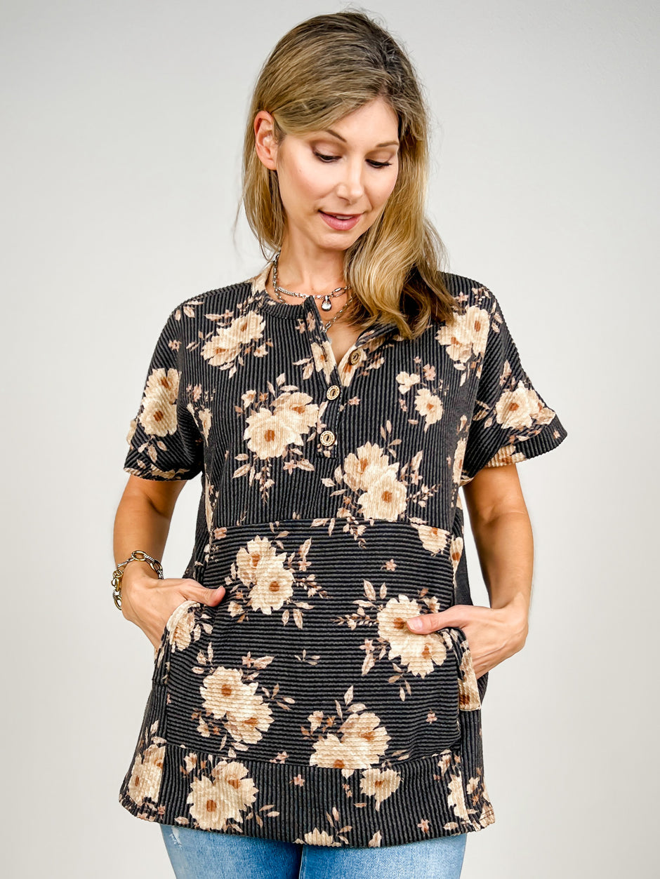 Short Sleeve Floral Urban Rib Knit Top