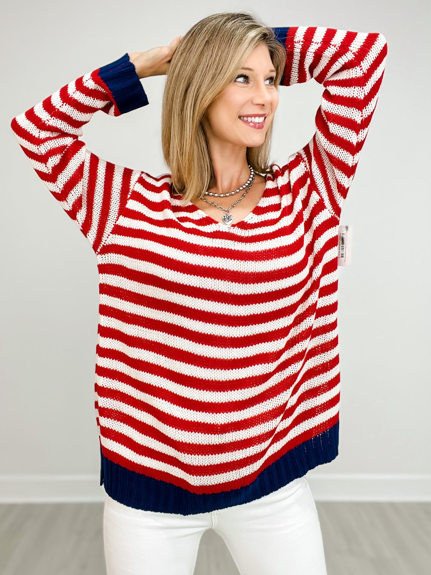Oversized V-Neck Long Sleeve Striped Knit Top