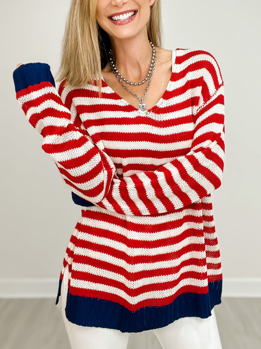 Oversized V-Neck Long Sleeve Striped Knit Top