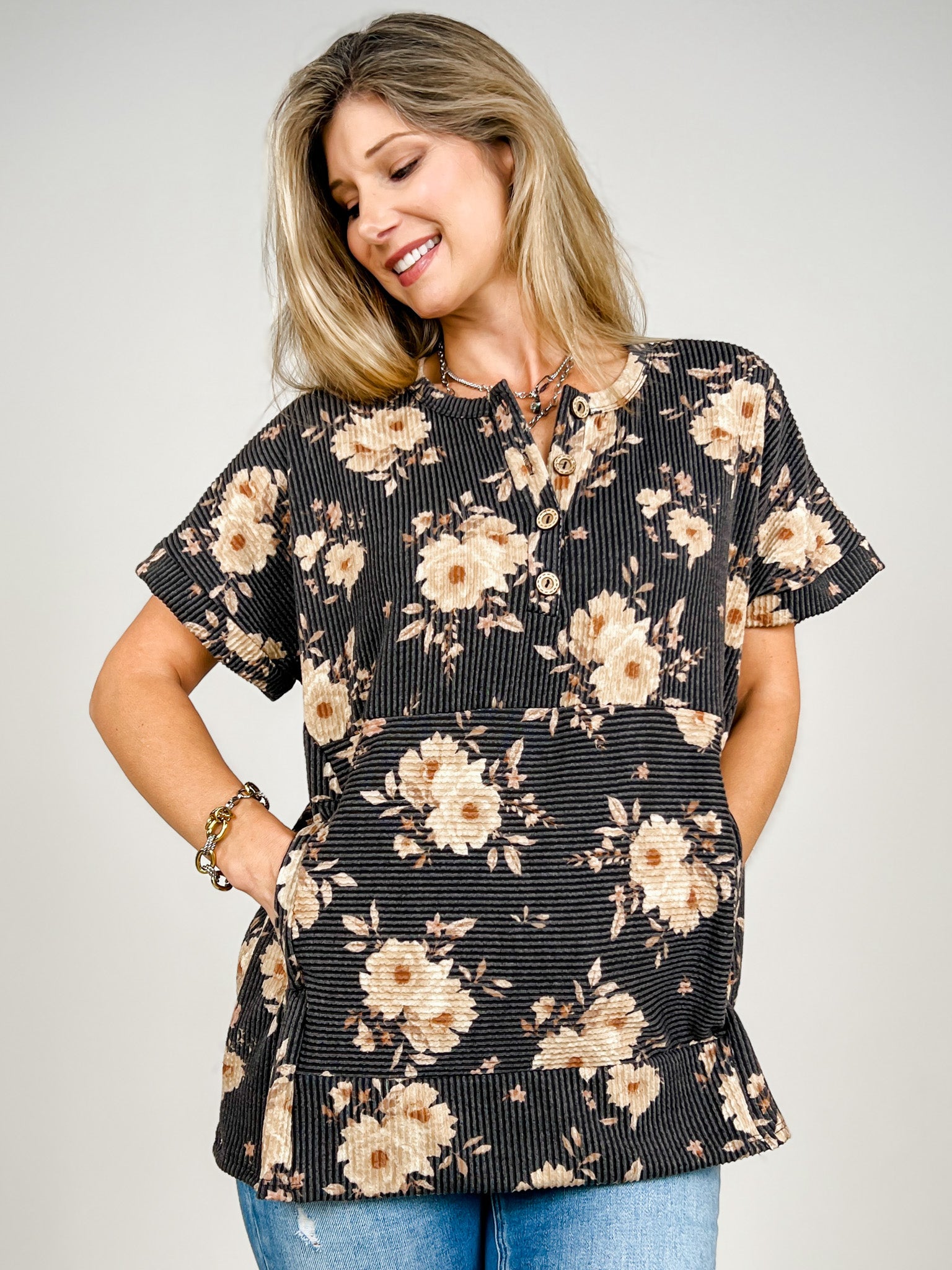 Short Sleeve Floral Urban Rib Knit Top