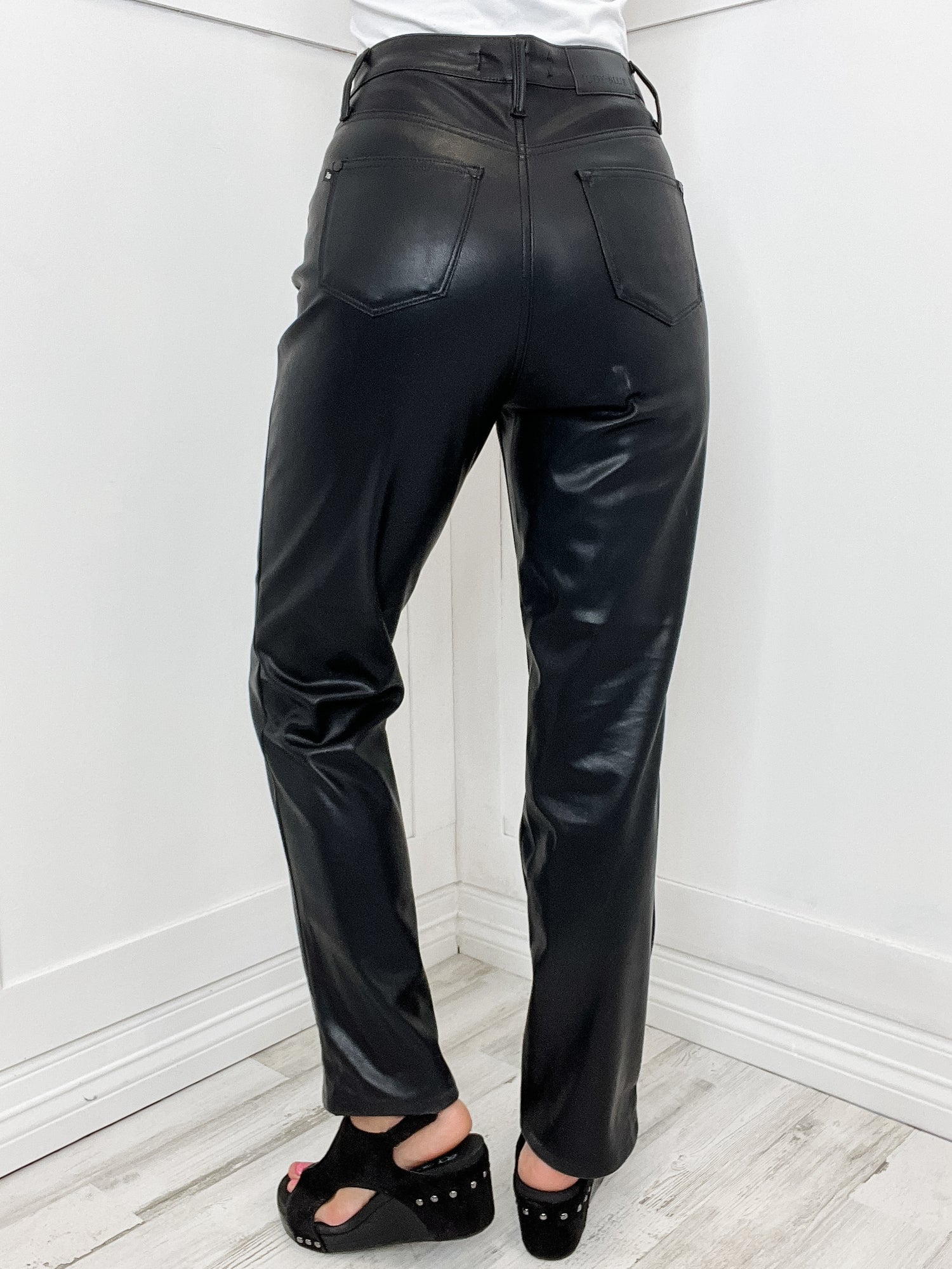 The Audrey Judy Blue High Waist Tummy Control Faux Leather Straight Leg  Pants in Black
