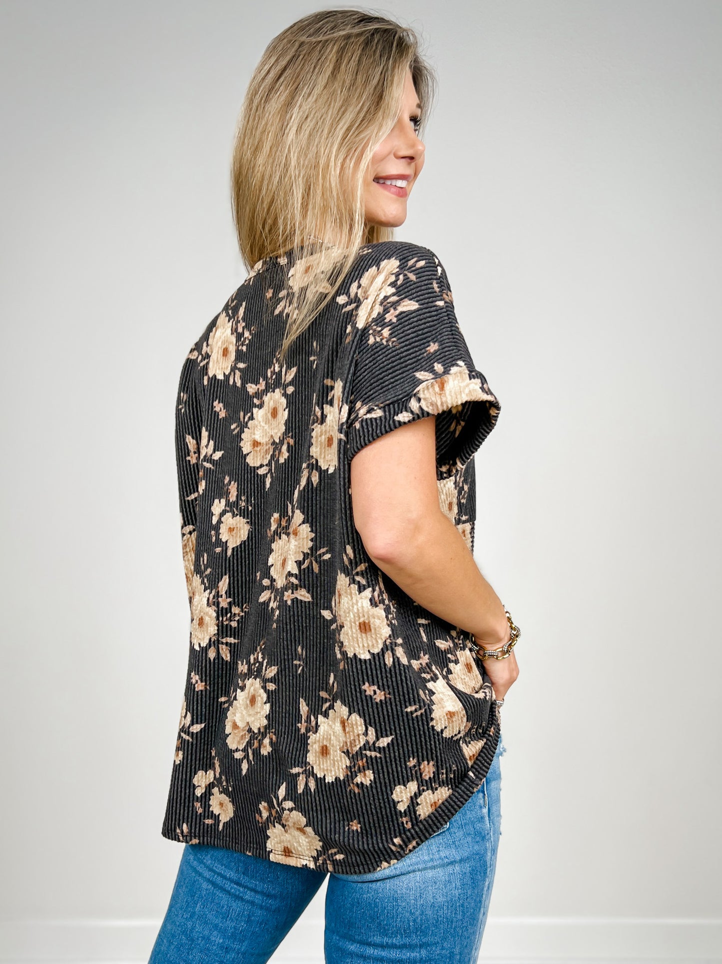 Short Sleeve Floral Urban Rib Knit Top