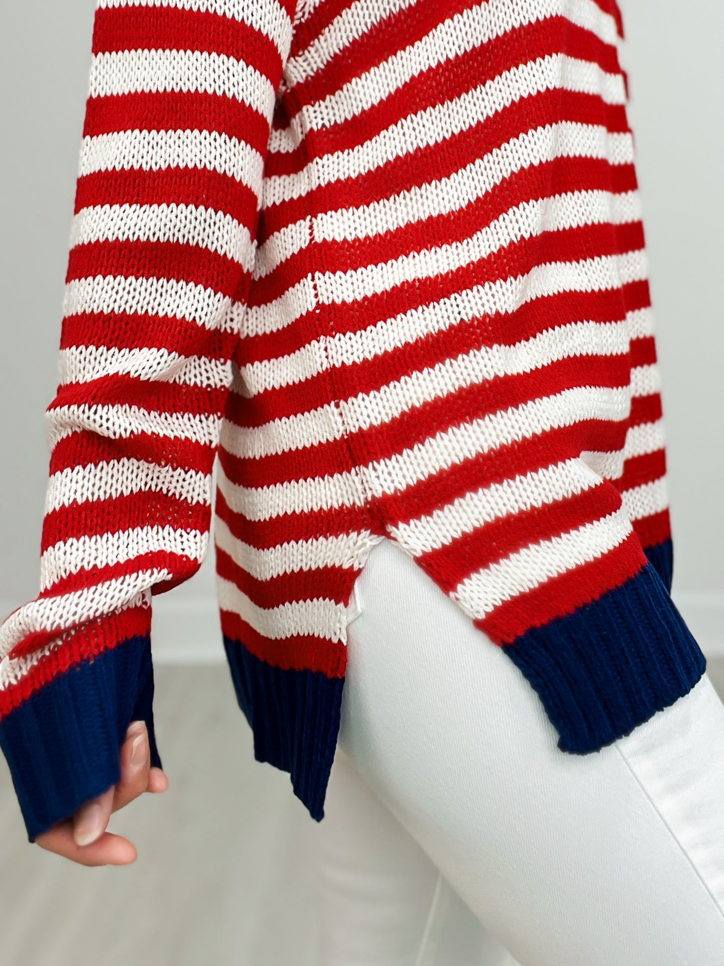 Oversized V-Neck Long Sleeve Striped Knit Top