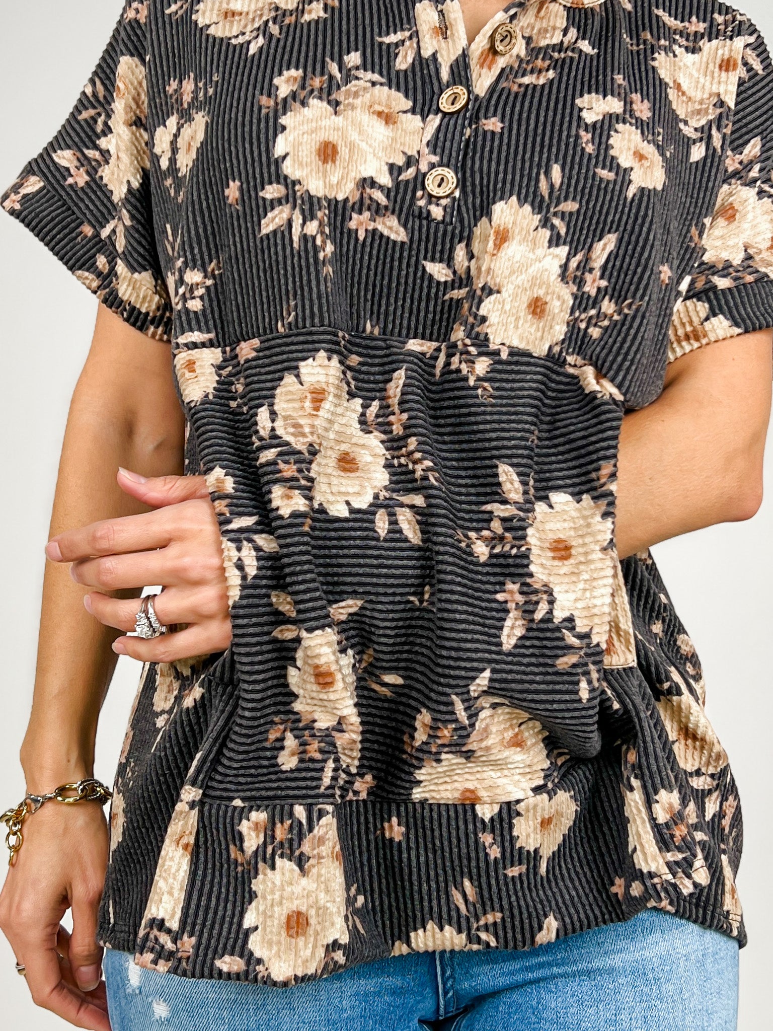 Short Sleeve Floral Urban Rib Knit Top