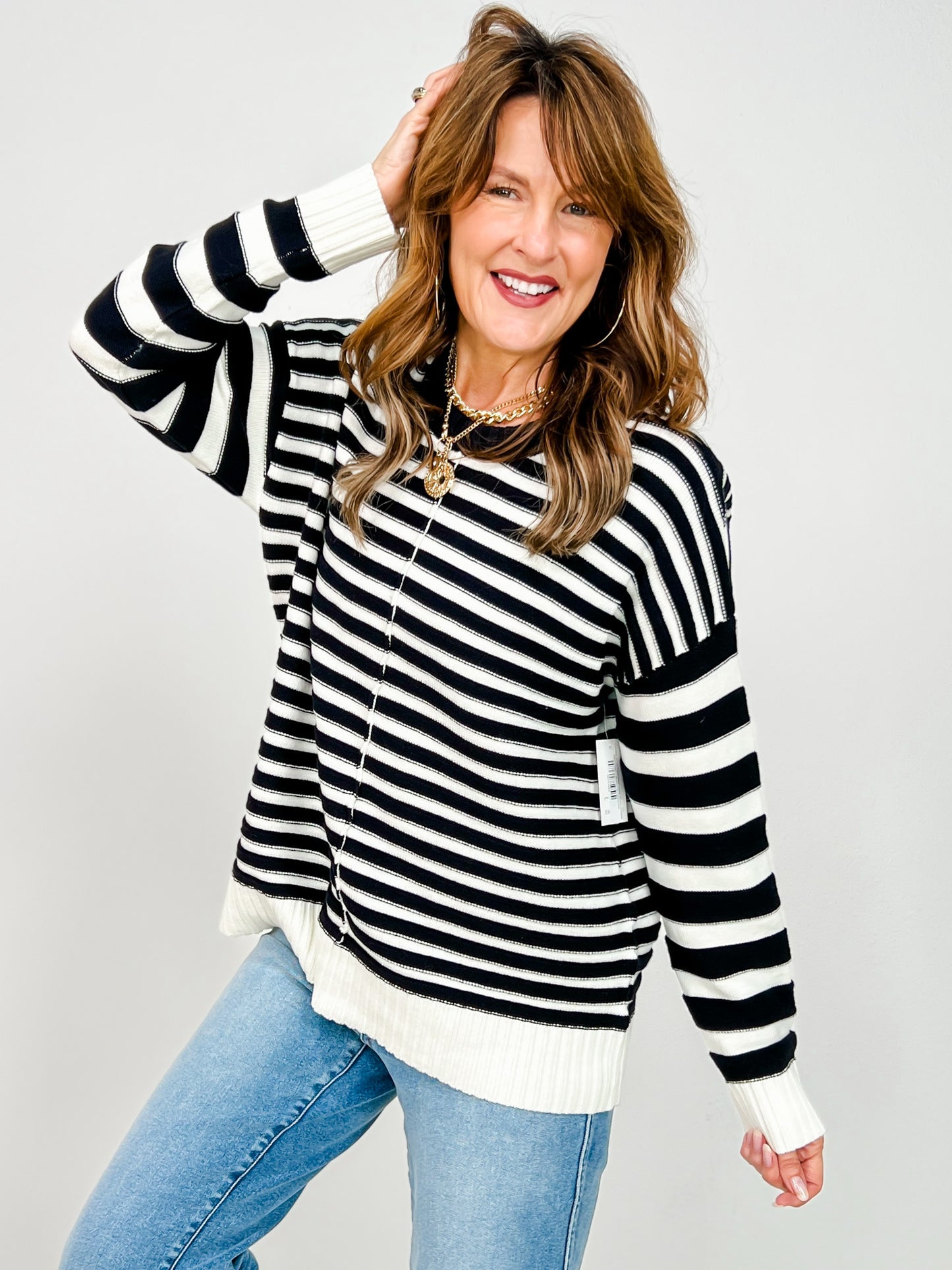Contrast Stripe Front Seam Long Sleeve Sweater
