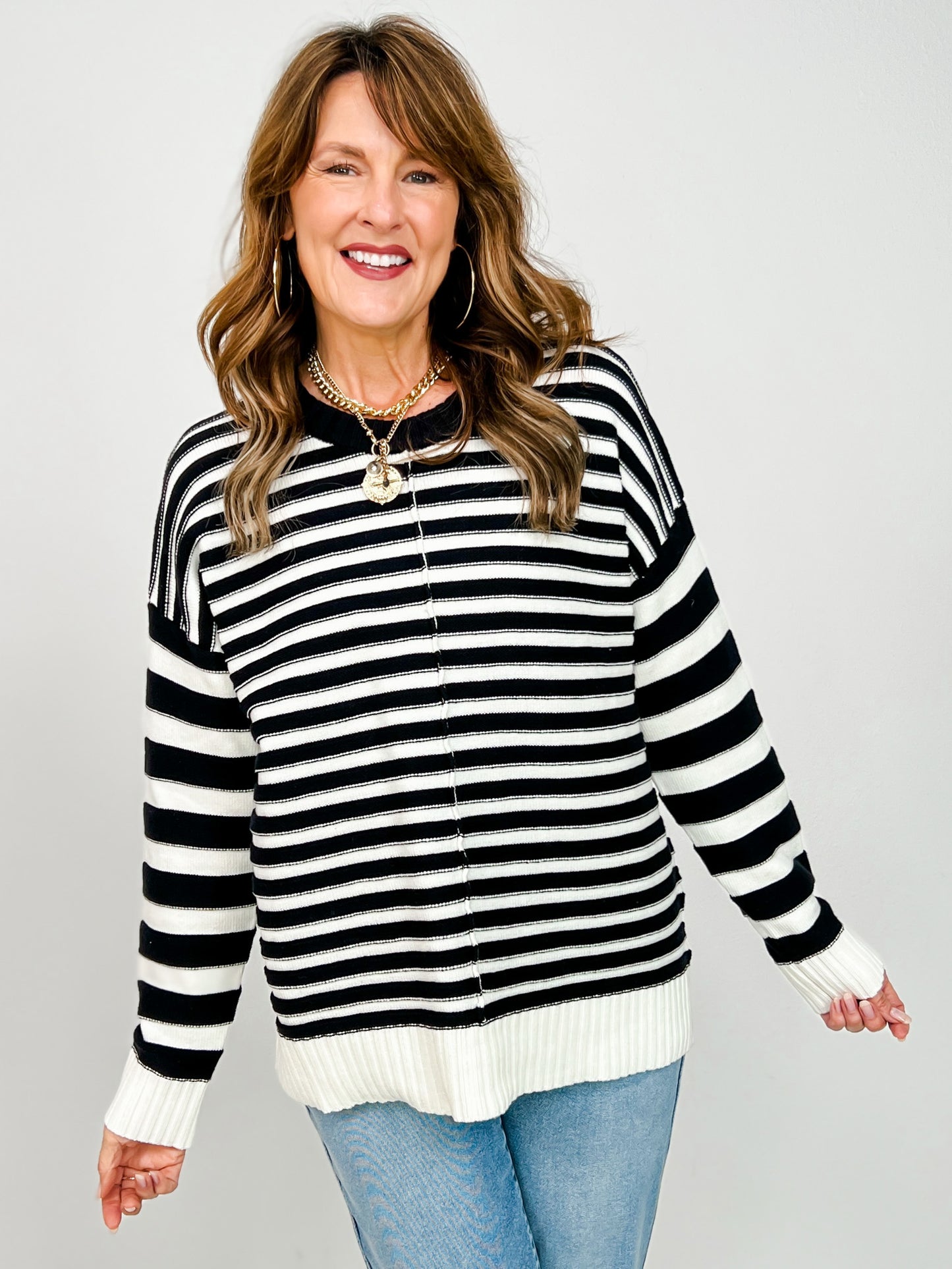Contrast Stripe Front Seam Long Sleeve Sweater
