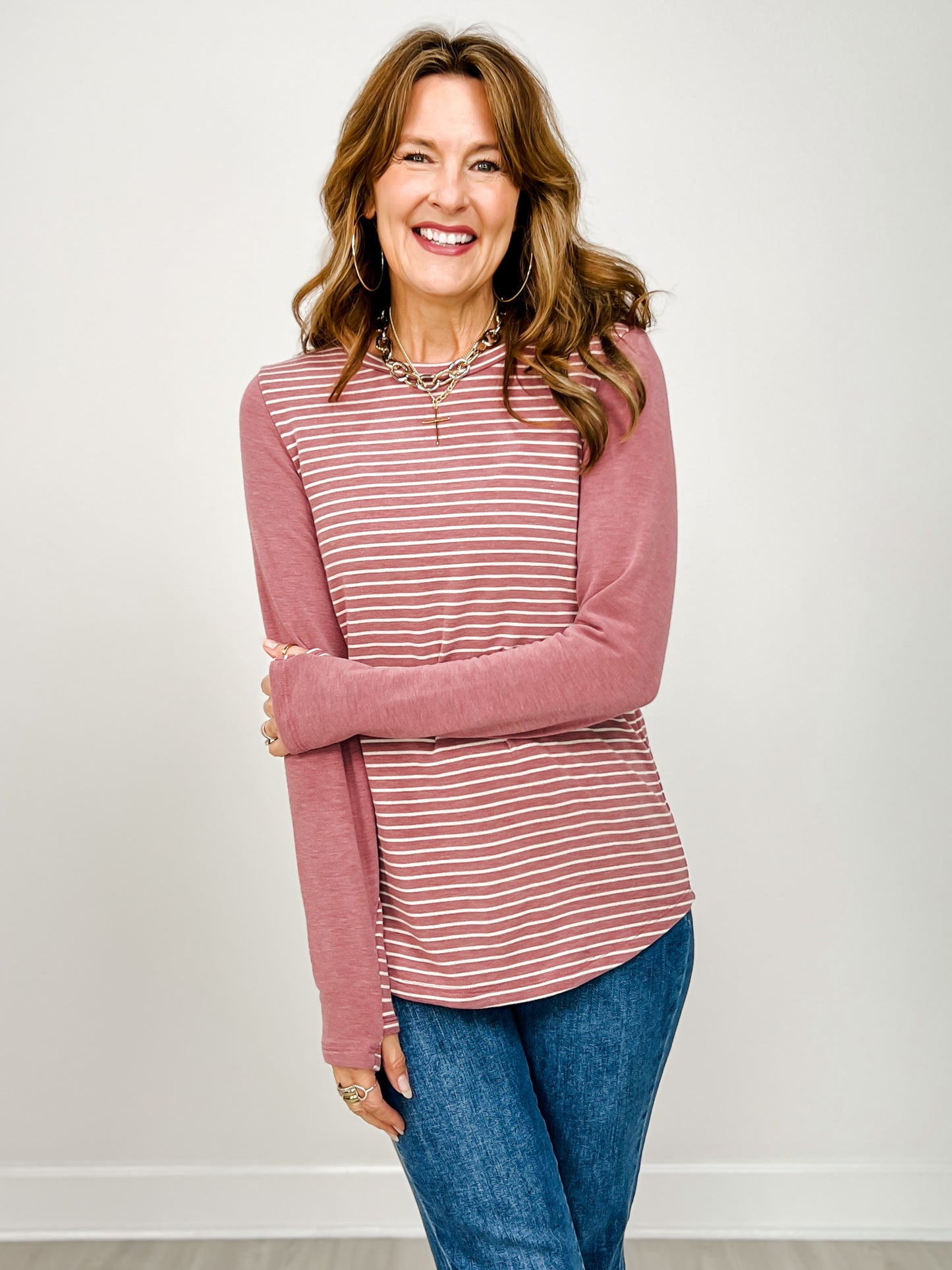 Stripe Knit Thumbhole Detail Long Sleeve Top