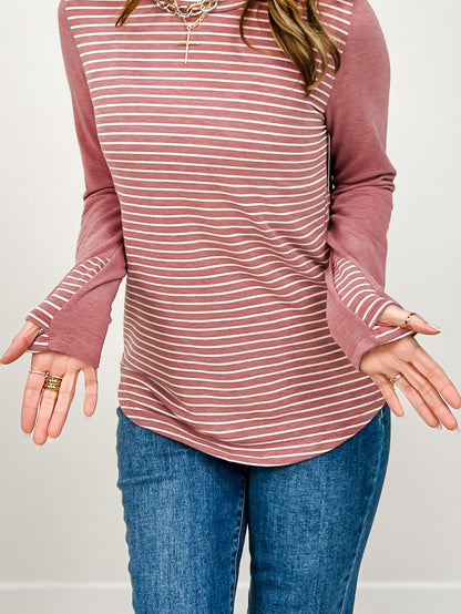Stripe Knit Thumbhole Detail Long Sleeve Top