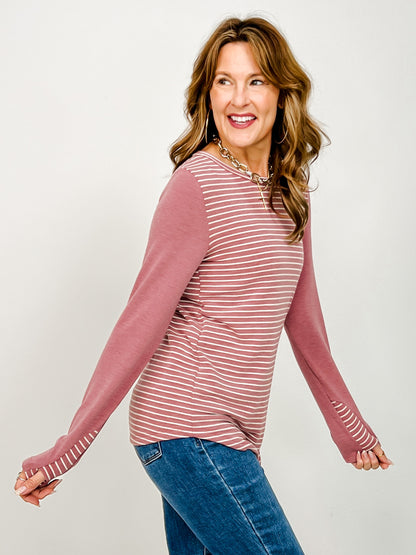 Stripe Knit Thumbhole Detail Long Sleeve Top