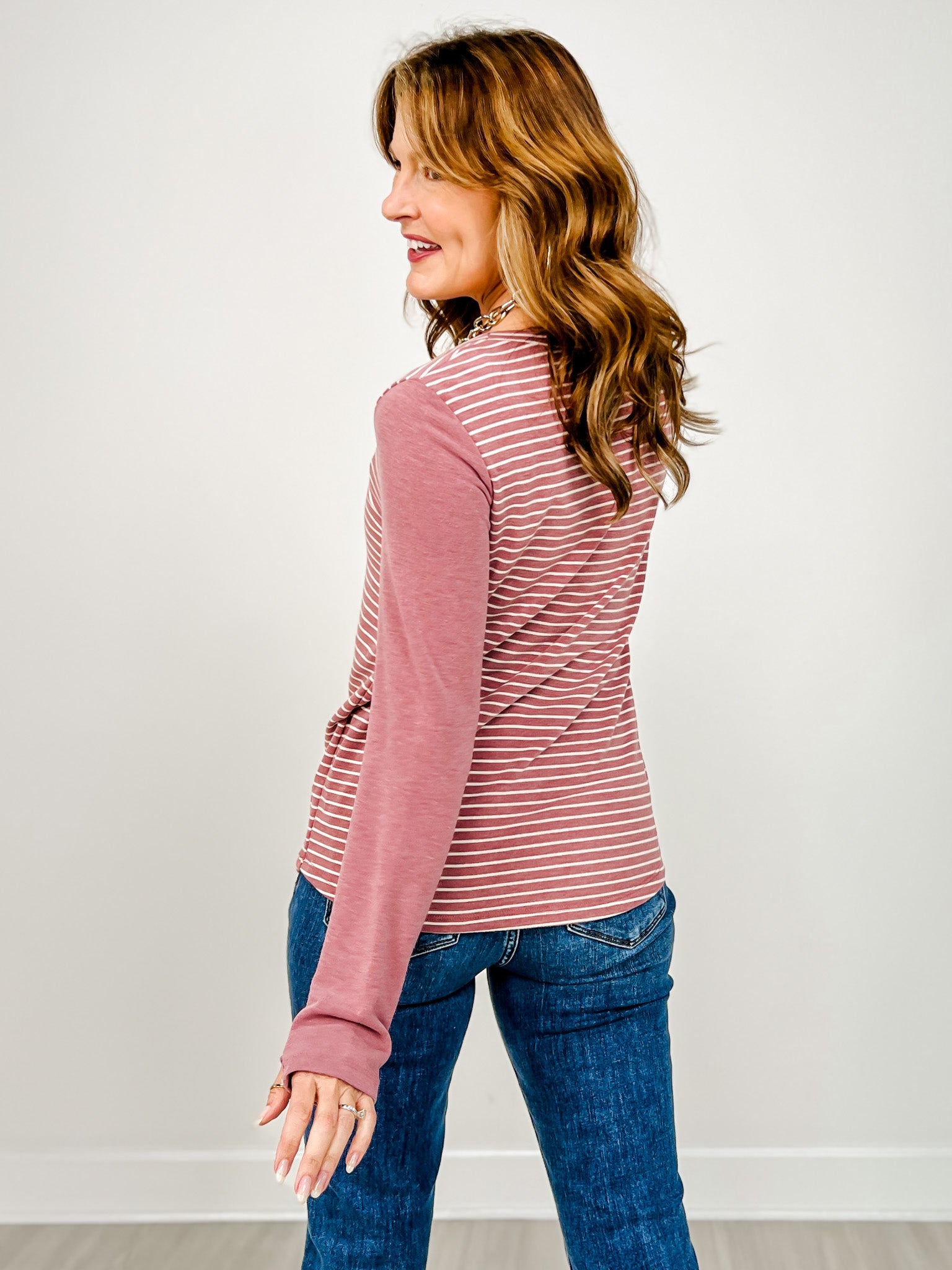 Stripe Knit Thumbhole Detail Long Sleeve Top