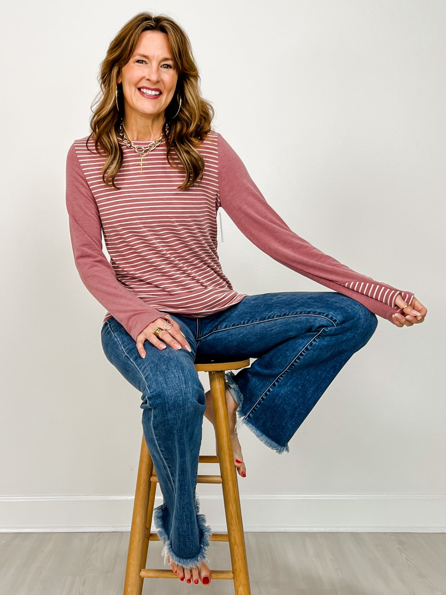Stripe Knit Thumbhole Detail Long Sleeve Top