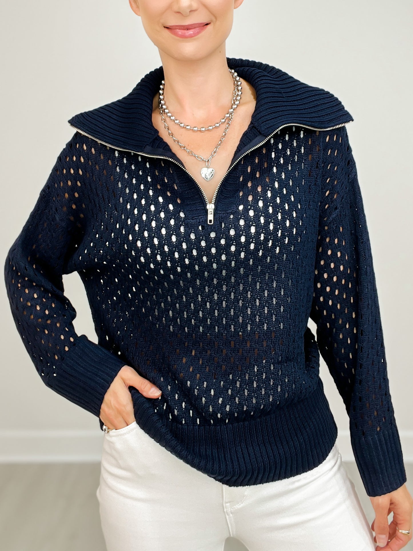 Long Sleeve Solid Knit Sweater with Quarter Zip-Up Neckline