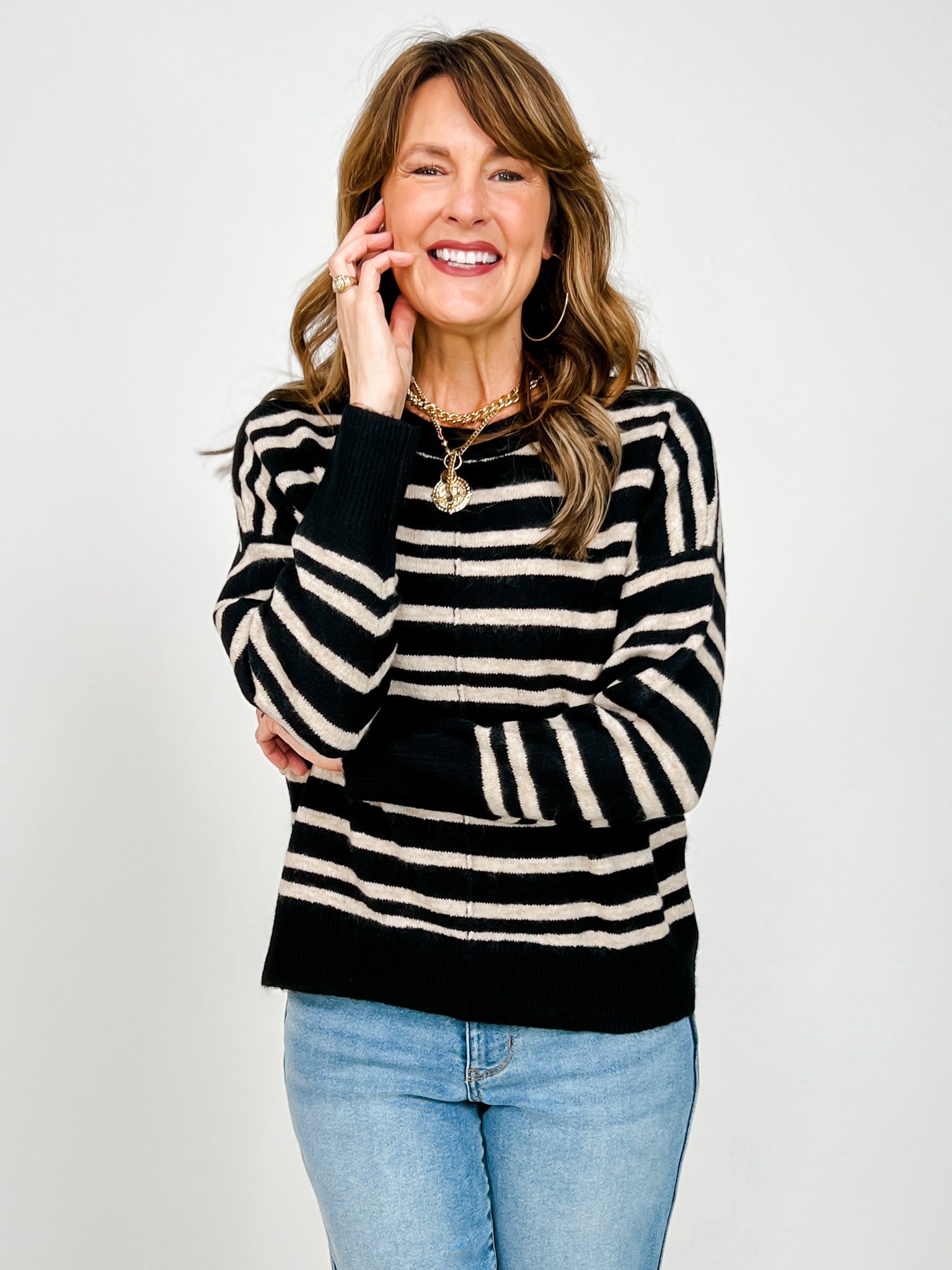 Stripe Front Seam Detail Long Sleeve Sweater