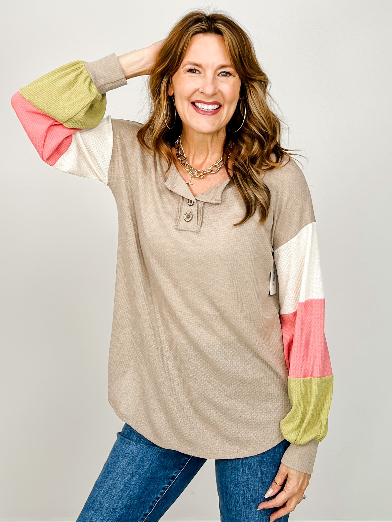 Long Sleeve Color Block Button Front Top