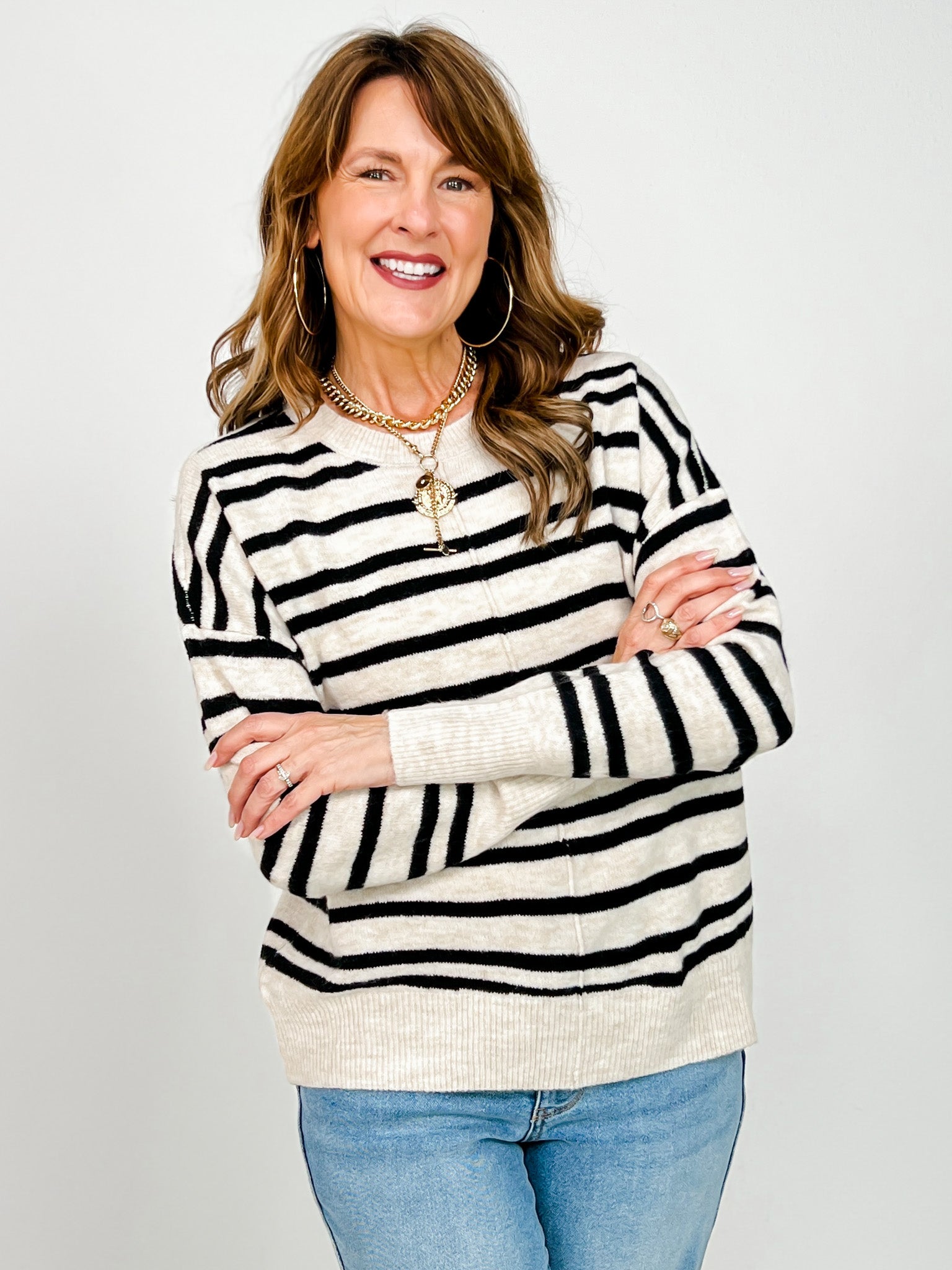 Stripe Front Seam Detail Long Sleeve Sweater