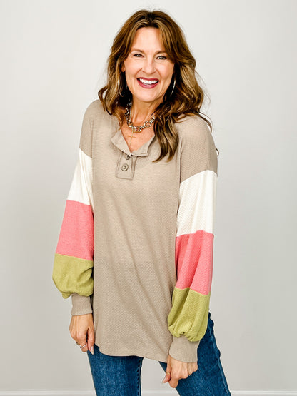 Long Sleeve Color Block Button Front Top